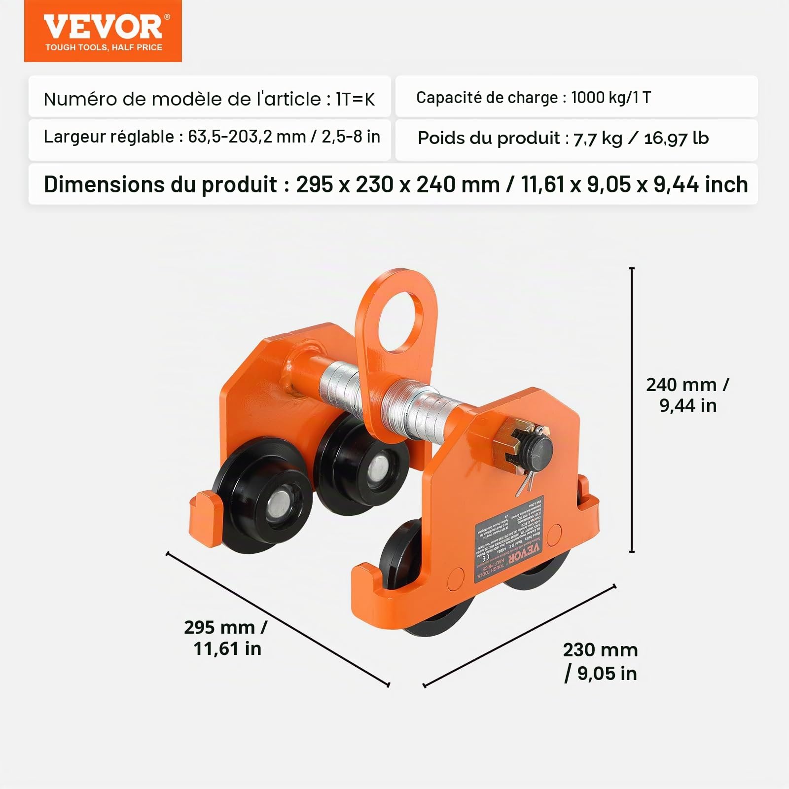 VEVOR Chariot Porte-palan Capacité de Charge 1 T Chariot à Poutre de Poussée Largeur Réglable de 63,5-203,2 mm Chariot à Palan de Garage en Acier Allié avec Roues pour Poutres en I Droite et Courbée