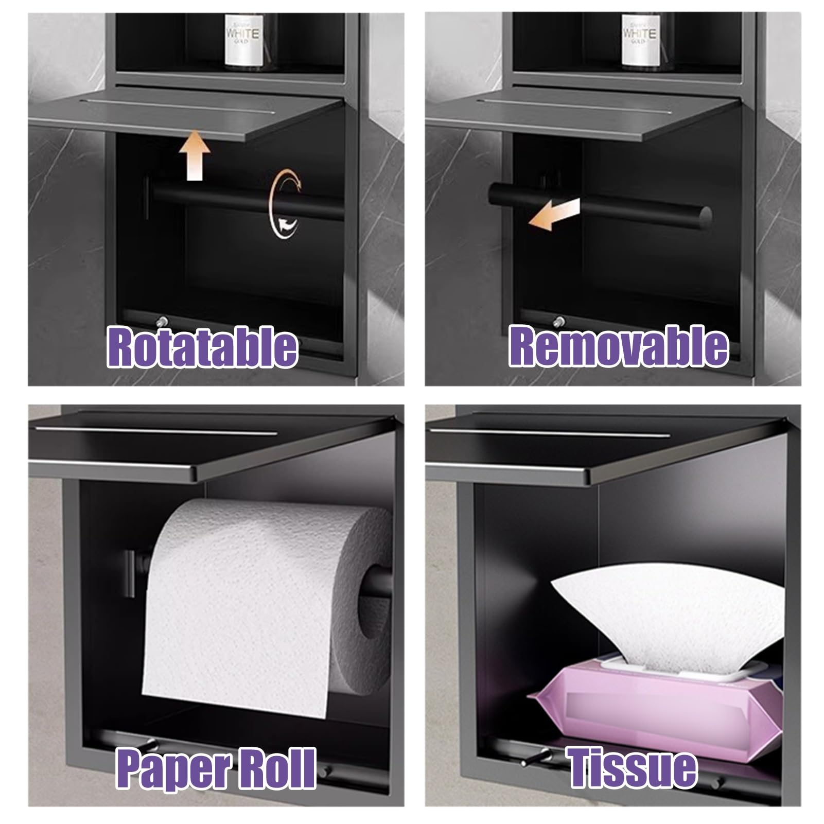 Nicho de Ducha Empotrable Portarrollos de Papel Higiénico Empotrado Negro, Organizador de Pared Impermeable para Baño, Nicho para Caja de Pañuelos