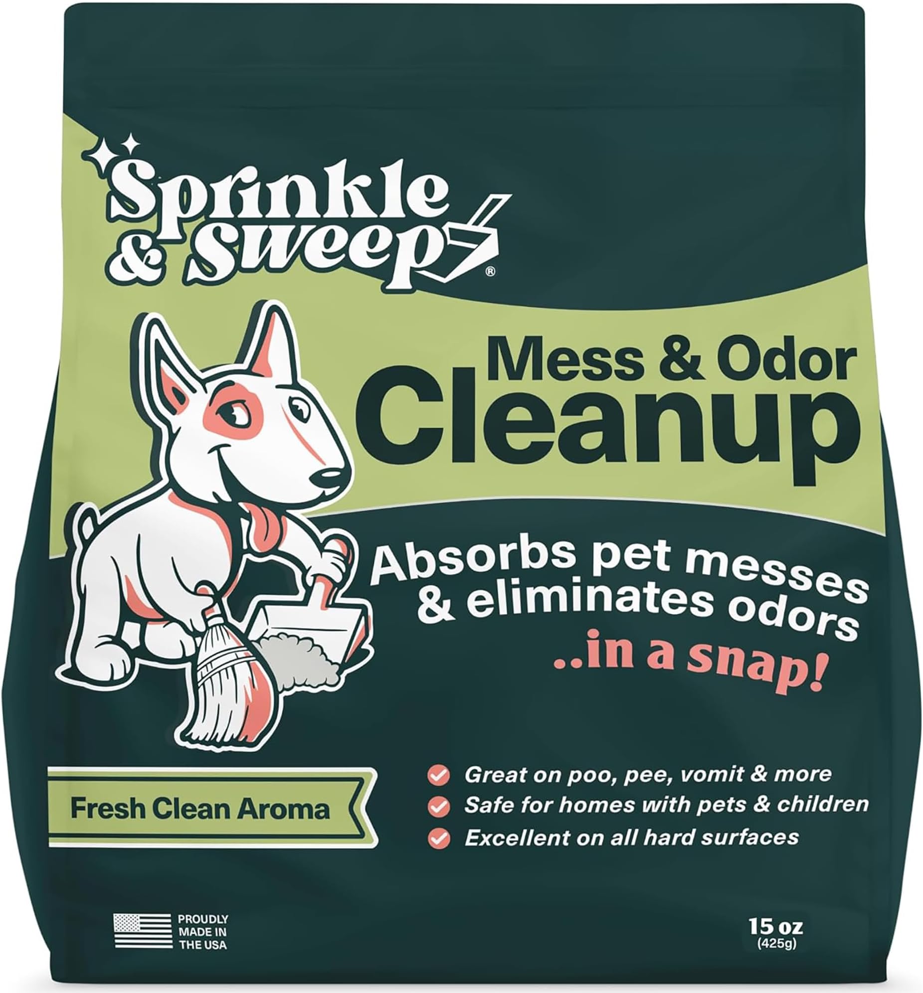 Sprinkle & Sweep Pet Accident Cleanup for All Hard Surfaces - Non-Toxic Quick Pet Stain Cleaner & Odor Remover for Urine, Vomiting, Diarrhea, Potty Training, 1 Pack (15 oz)