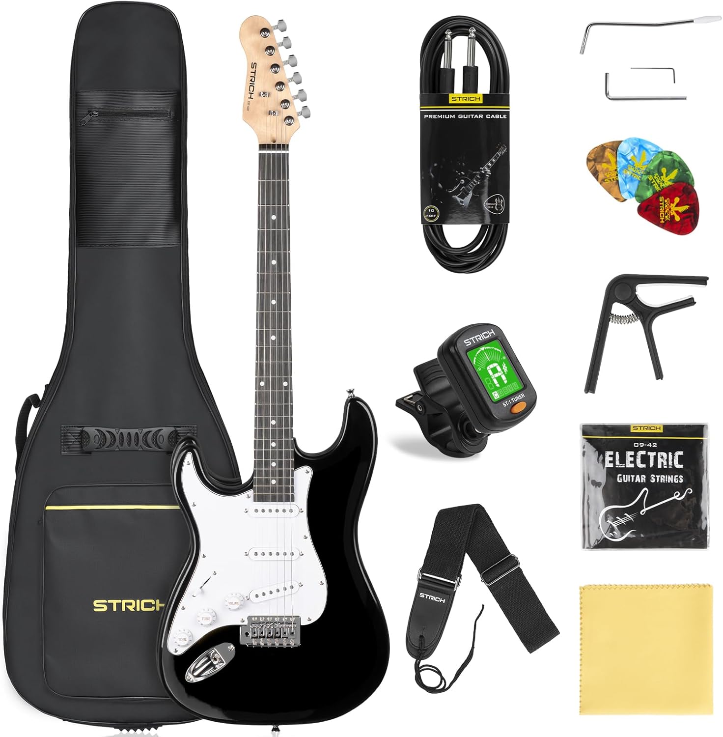 STRICH Electric Guitar Left Hand Beginner Kit, Solid Body 39" Electric Guitar SSS Pick Up for Starter, with 5W x 2 Amp, Bag, Tuner, Capo, Strap, String, Cable, Picks, SST-S10L Black