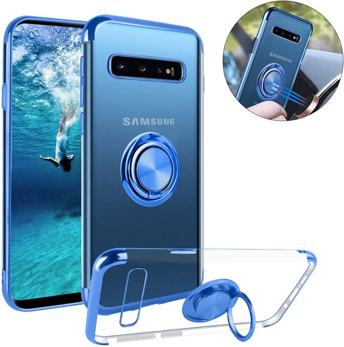 Case for Samsung Galaxy S10 Plus with Ring,Clear Case with Built-in 360° Rotation Ring Kickstand Fit Magnetic Car Mount,Transparent Soft Slim TPU Protective Case for Samsung S10 Plus 6.4[Clear&Blue]