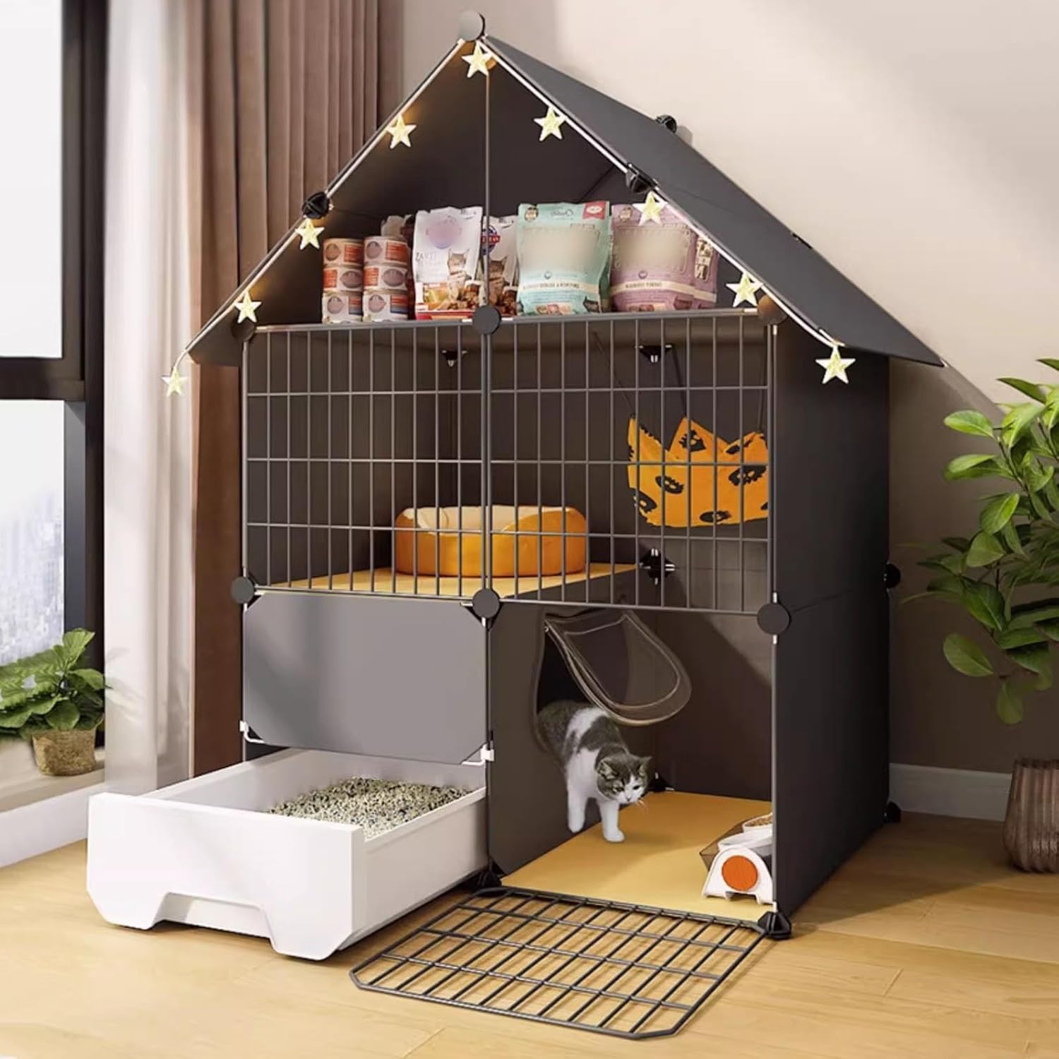 Cat Cage with Cat Hammock & Litter Box - Spacious Metal Wire Playpen