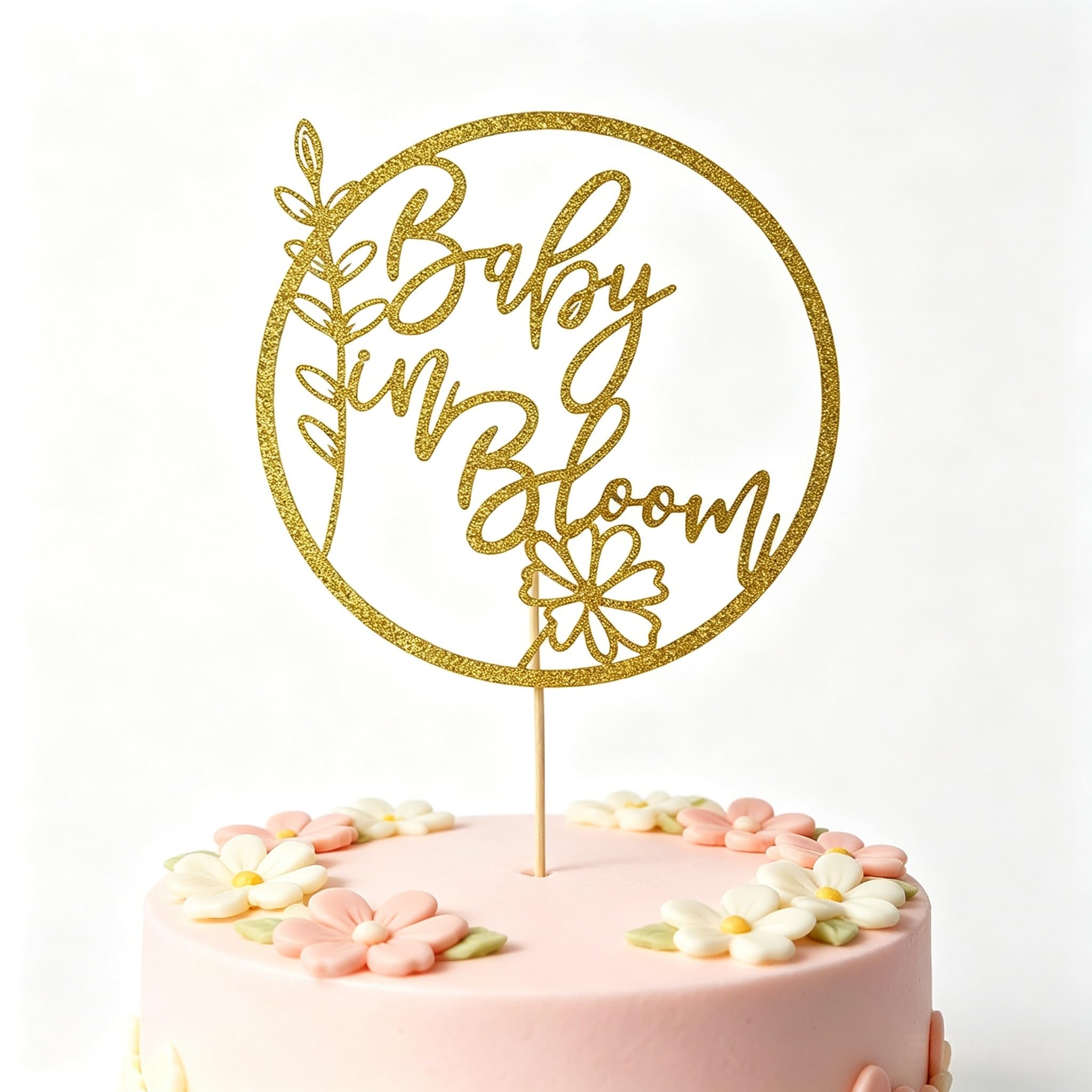 Muiltvoe Baby Shower Cake Topper, Baby in Bloom Cake Topper for Gender Reveal, Gold Acrylic Look Floral Cake Decorations for Party Supply (16cm x 16cm)