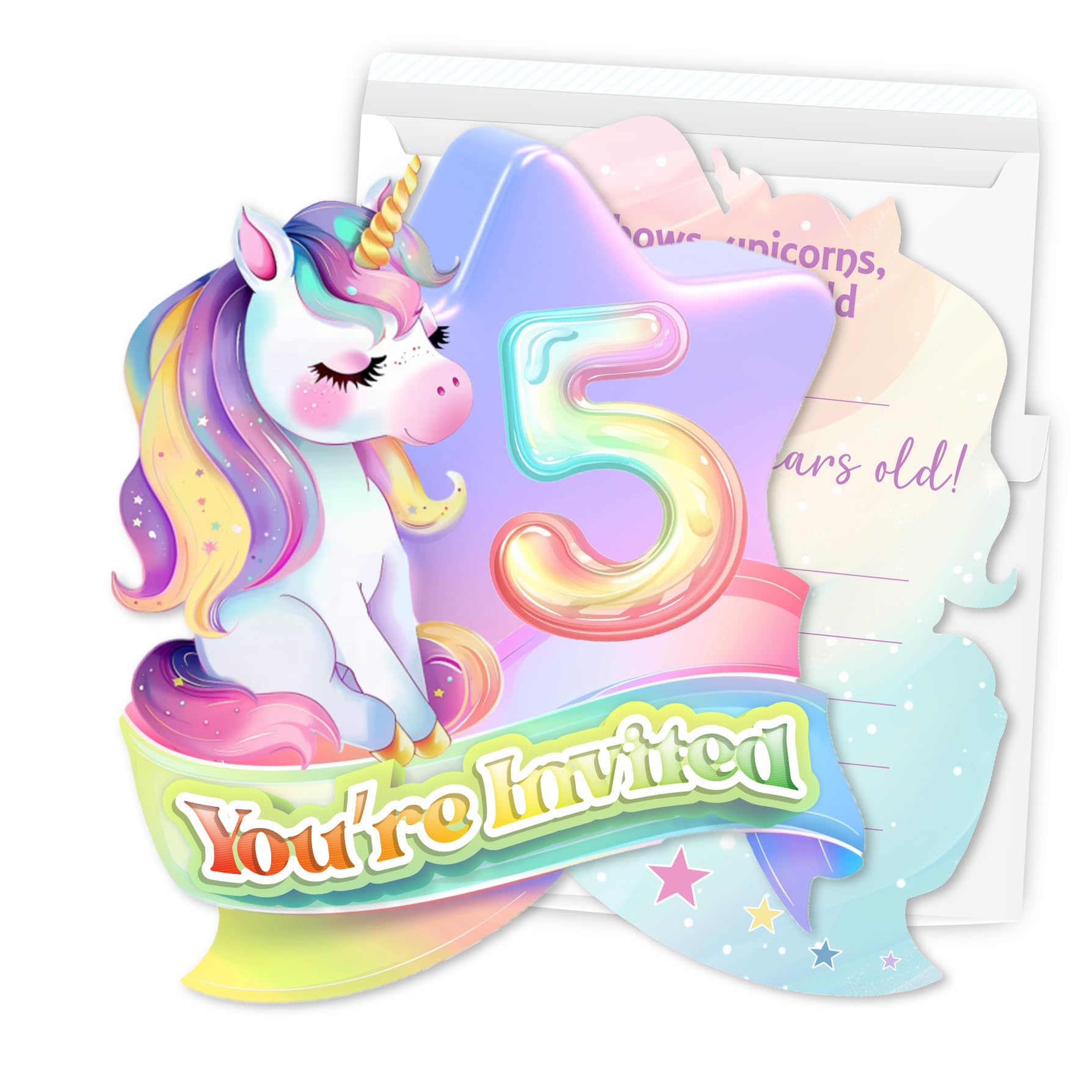 Putocopic 5th Rainbow Birthday Party Invitations, Cute Rainbow Fifth Birthday Party Fill In Invitations with Envelopes, 30Pcs, 5x7 Inches