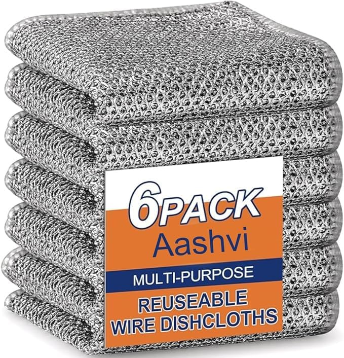 Aashvi 6 paños de alambre de doble capa para lavar platos, no rayan, multiusos, duraderos, para mojado y seco, dos capas, reutilizables, de alambre de acero, paños de limpieza para cocina y estufa (6)