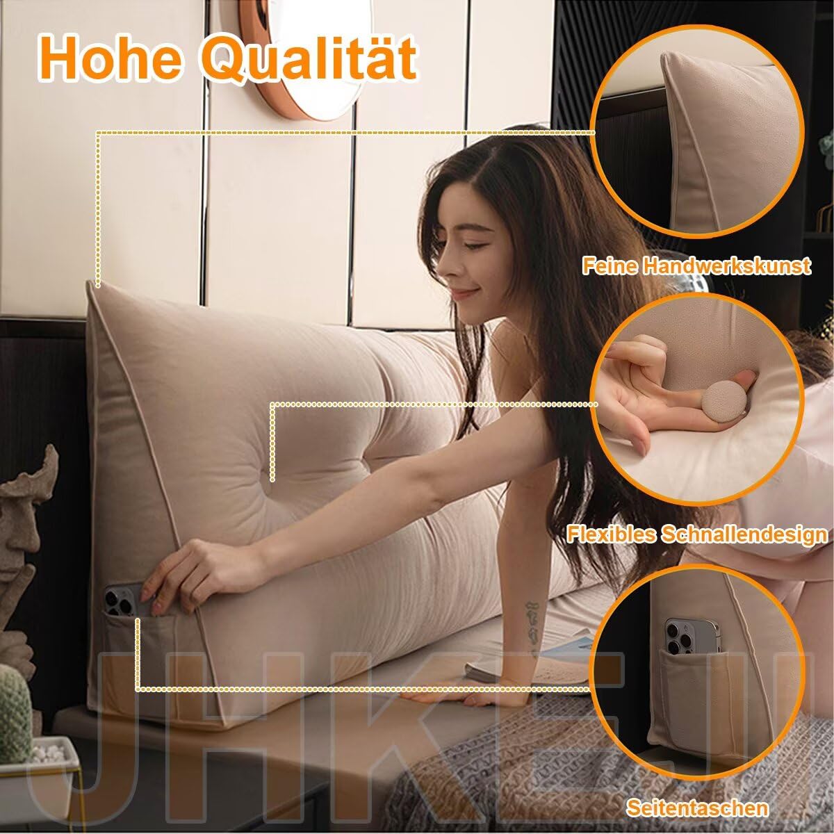 Couchkissen Groß, Rückenkissen 60CM Orange, Lesekissen für Bett und Sofa, Chenille Sofakissen mit Waschbarem Bezug, Rückenpolster für die Wand, Sitzkissen, Wandkissen, Keilkissen zum Anlehnen im Bett