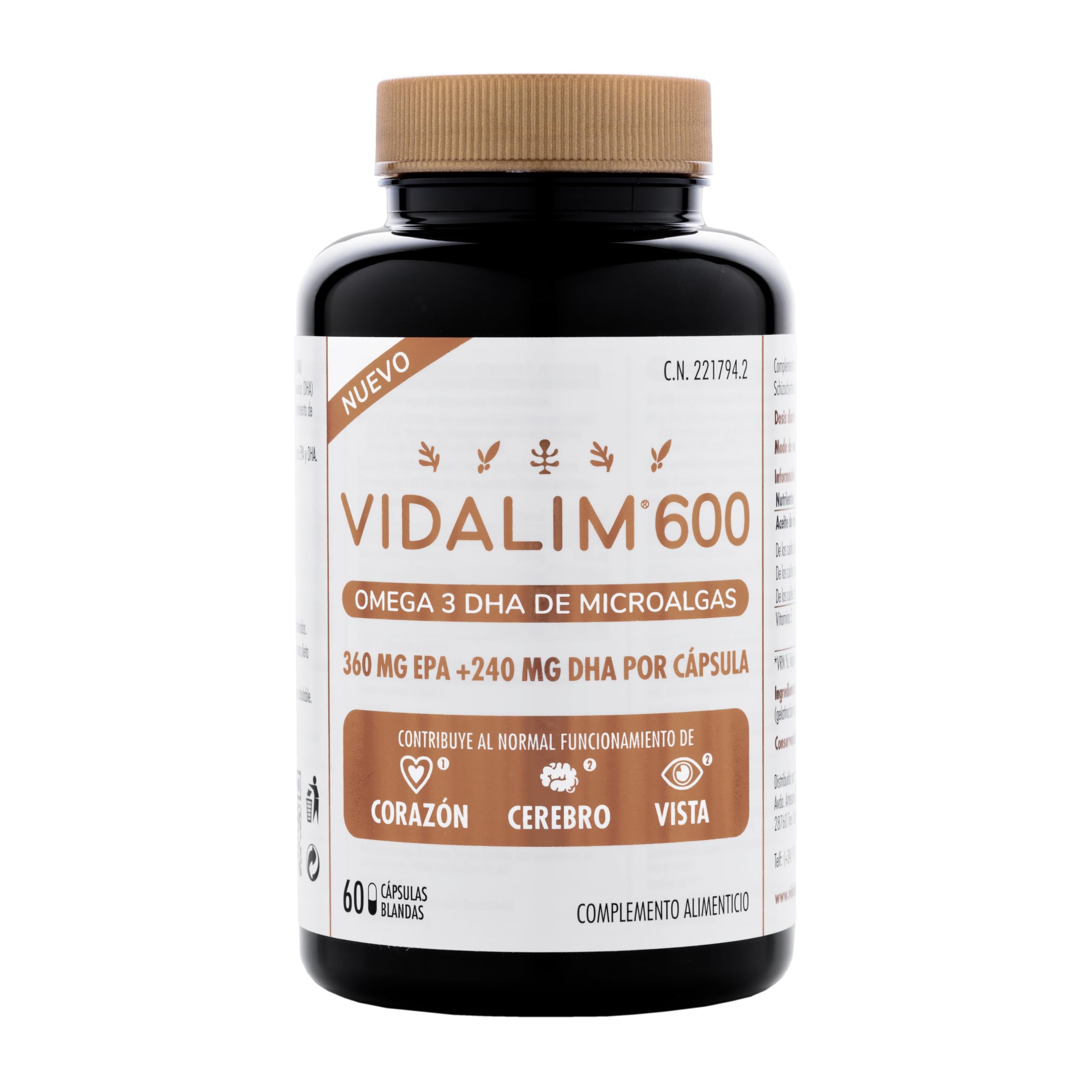 600 Omega 3 de microalgas.Una sola cápsula contiene 360 mg EPA y DHA 240 mg + Vitamina E. En forma de triglicliceridos para una mejor absorción. Concentración y pureza. 60 cápsulas blandas.