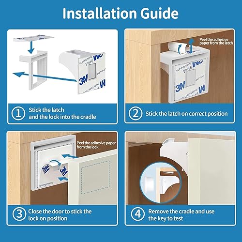 Miniatura 5 de Aukfa - Cerraduras magnéticas para gabinete a prueba de bebés (paquete de 16 + 2 llaves), a prueba de niños, con adhesivo, cerraduras para niños,