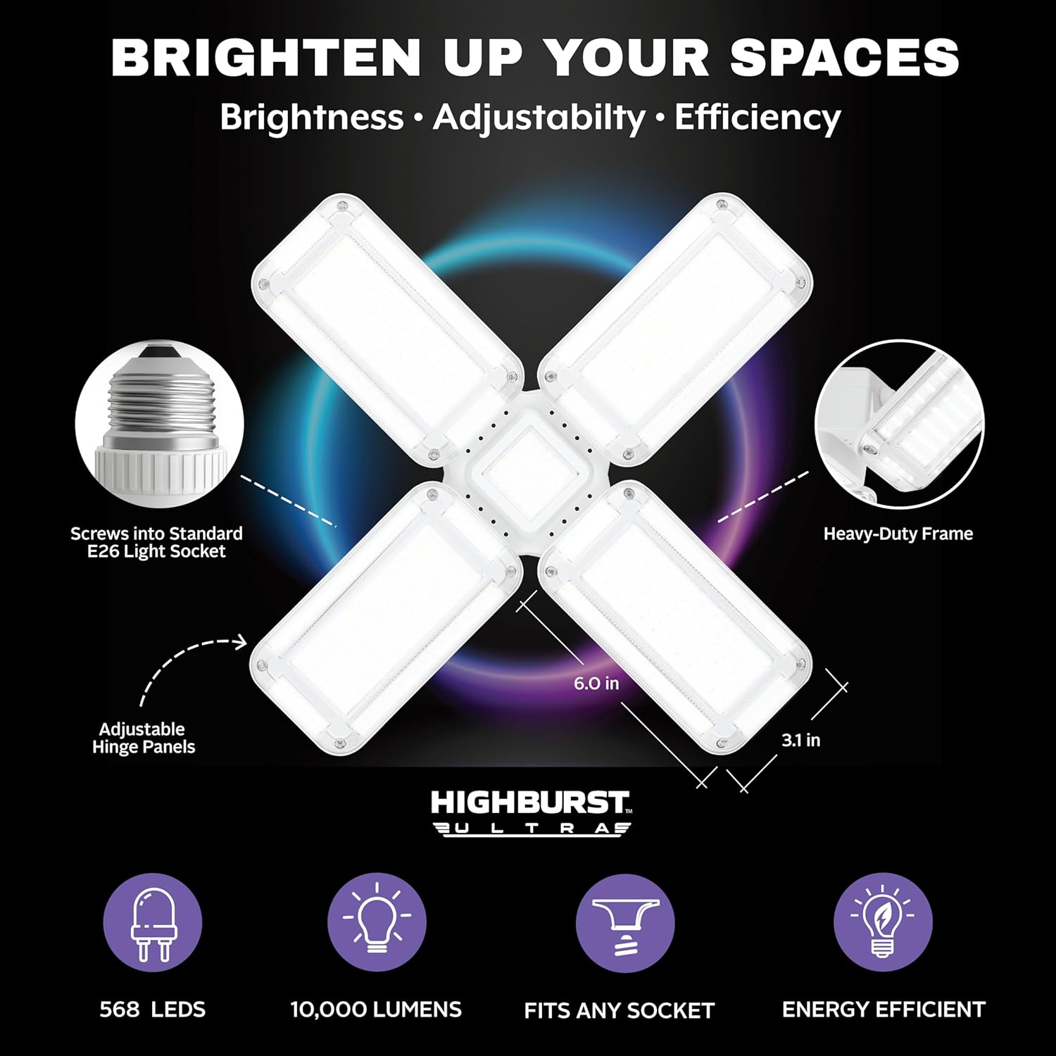 Bell+Howell HighBurst Ultra LED Garage Light Bulb – 10,000 Lumens, Super Bright Screw-in Ceiling Light - Adjustable Multi-Panel Design, for Garage, Shop, Basement, Attic – As Seen on TV