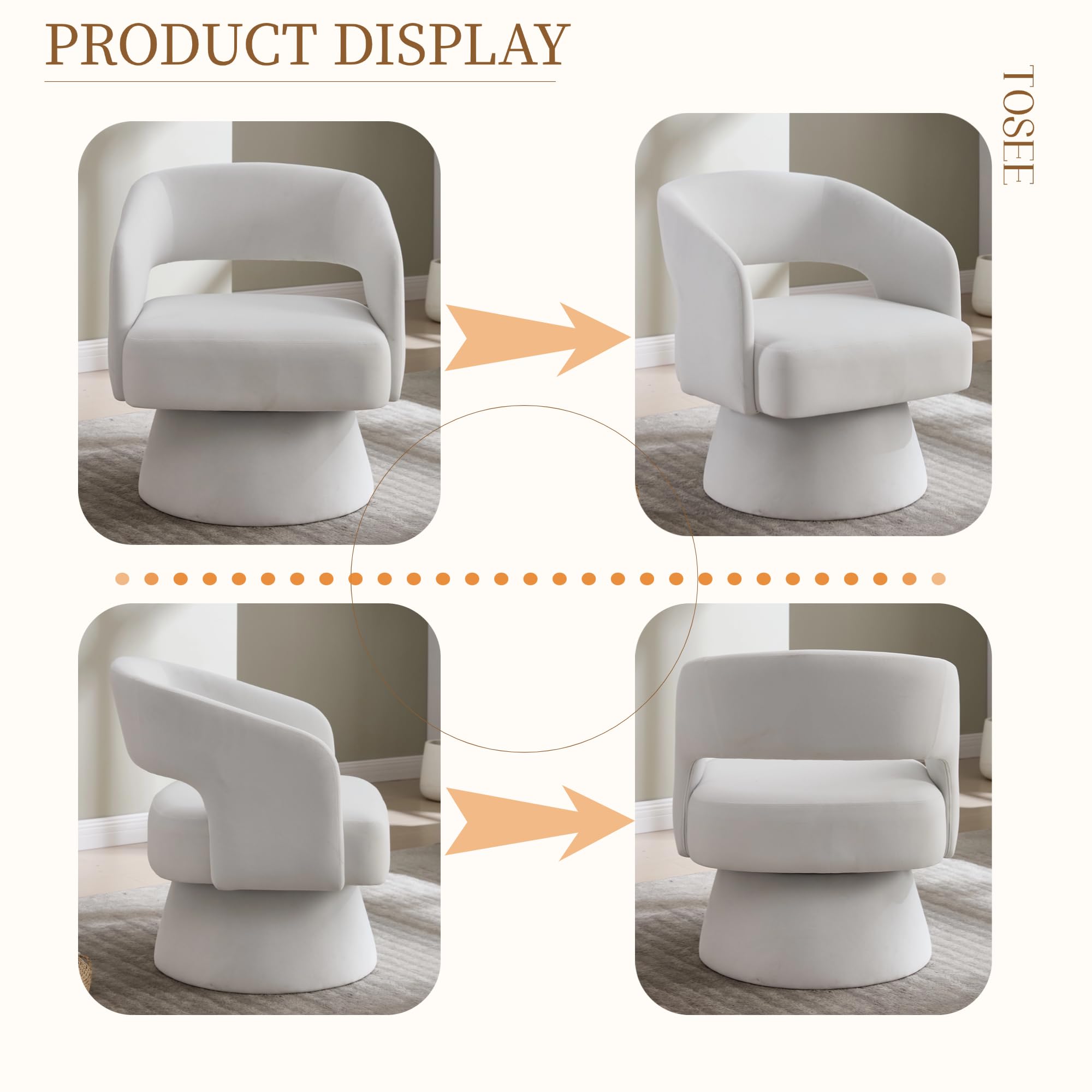 360° drehbarer Drehsessel & Polstersessel mit Samtbezug – Loungesessel & Rundfaßstuhl, weiche Schaumpolster, ergonomische Rückenlehne, Metall-Drehfuß, für Wohnzimmer & Schlafzimmer, Beige