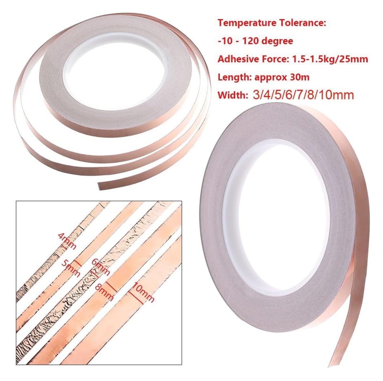 Nastro in Foglio di Rame, Nastro schermante EMI in Lamina di Rame conduttivo monofacciale da 30 m*3/4/5/6/8/10 mm(3mm)