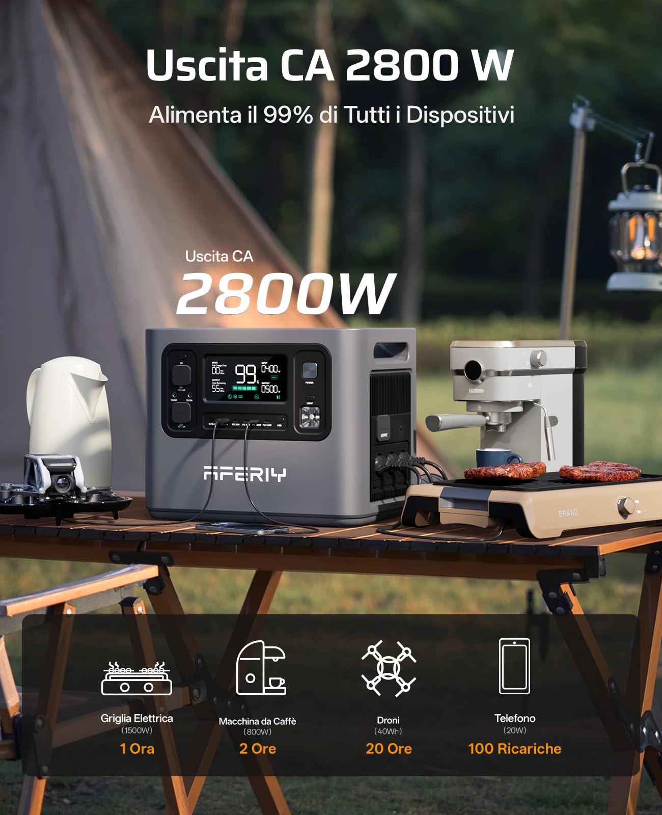 AFERIY P280 Power Station Portatile 2800W 2048Wh Centrale Elettrica Batteria LiFePO4 Generatore Solare Ricarica Rapida Espandibile 10240Wh Per Casa Campeggio Accumulatore Energia UPS Emergenze APP