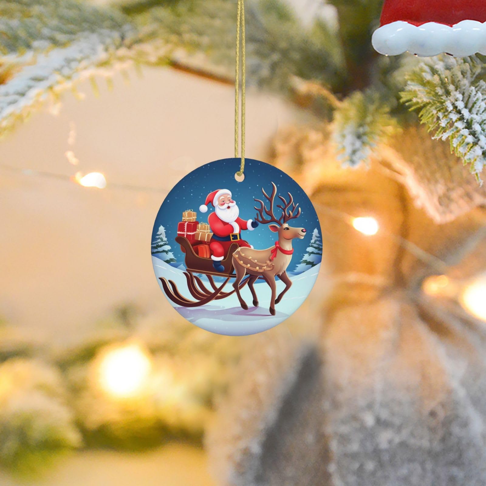 Christmas Tree Ornaments Ceramics Christmas Round Decorations Christmas Santa Deer Ceramics Ornaments Circle Pentagram Xmas Tree Hanging Pendant for Christmas Tree Party Holiday Home Decor
