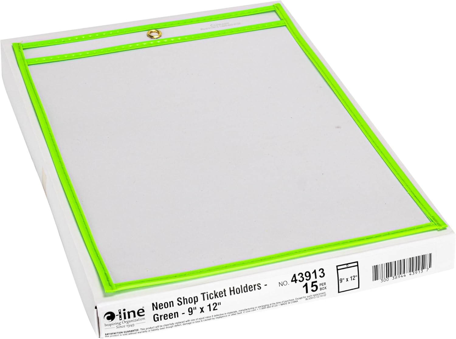 C-Line Neon Stitched Shop Ticket Holders, Green, Both Sides Clear, 9 x 12 Inches, 15 per Box (43913)
