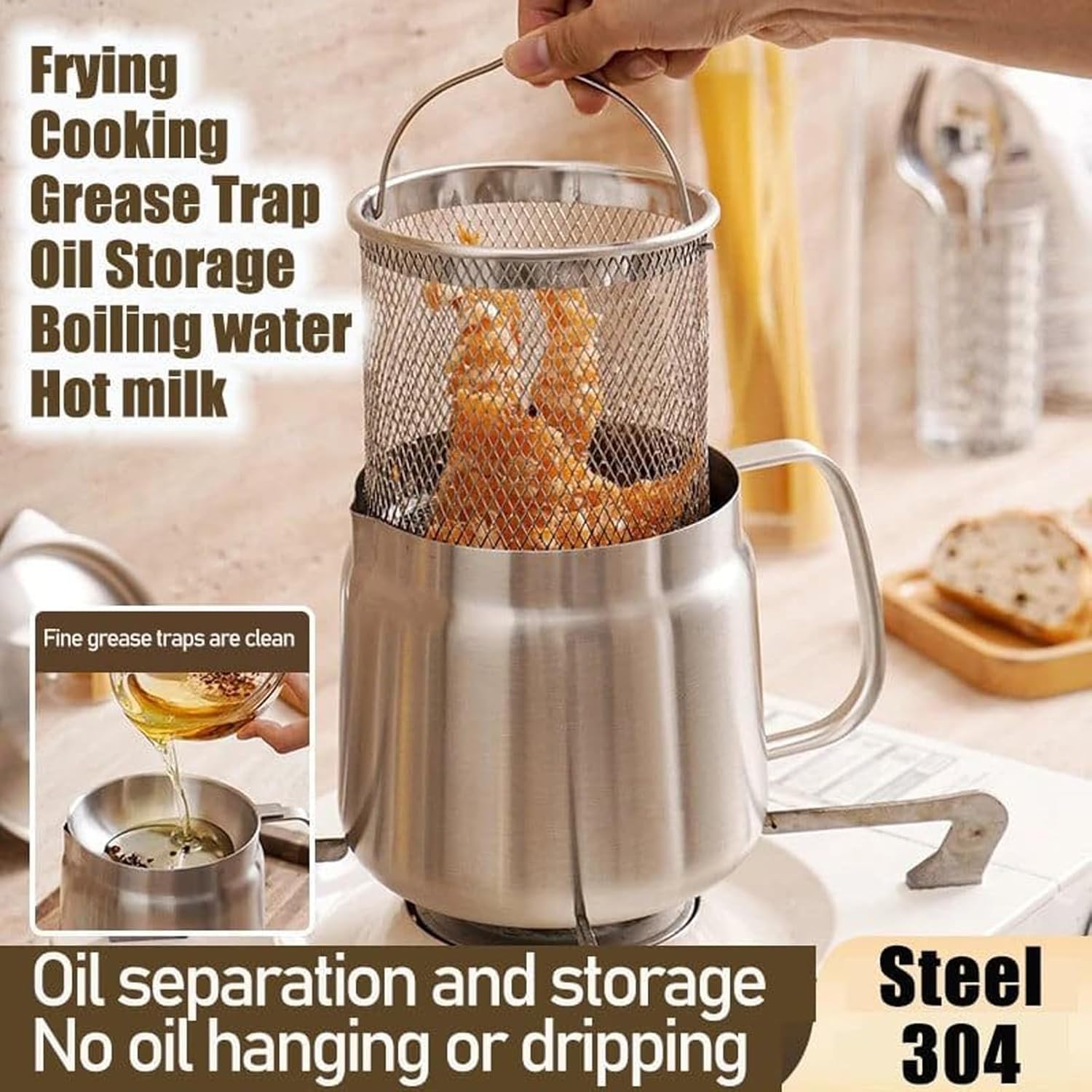 Stainless Steel Fryer with Basket, Lid, 50/68oz Large Capacity 2 in 1 Oil Strainer Pot, Large Capacity Versatile Oil Filter Pot Vessel (2L / 68oz)