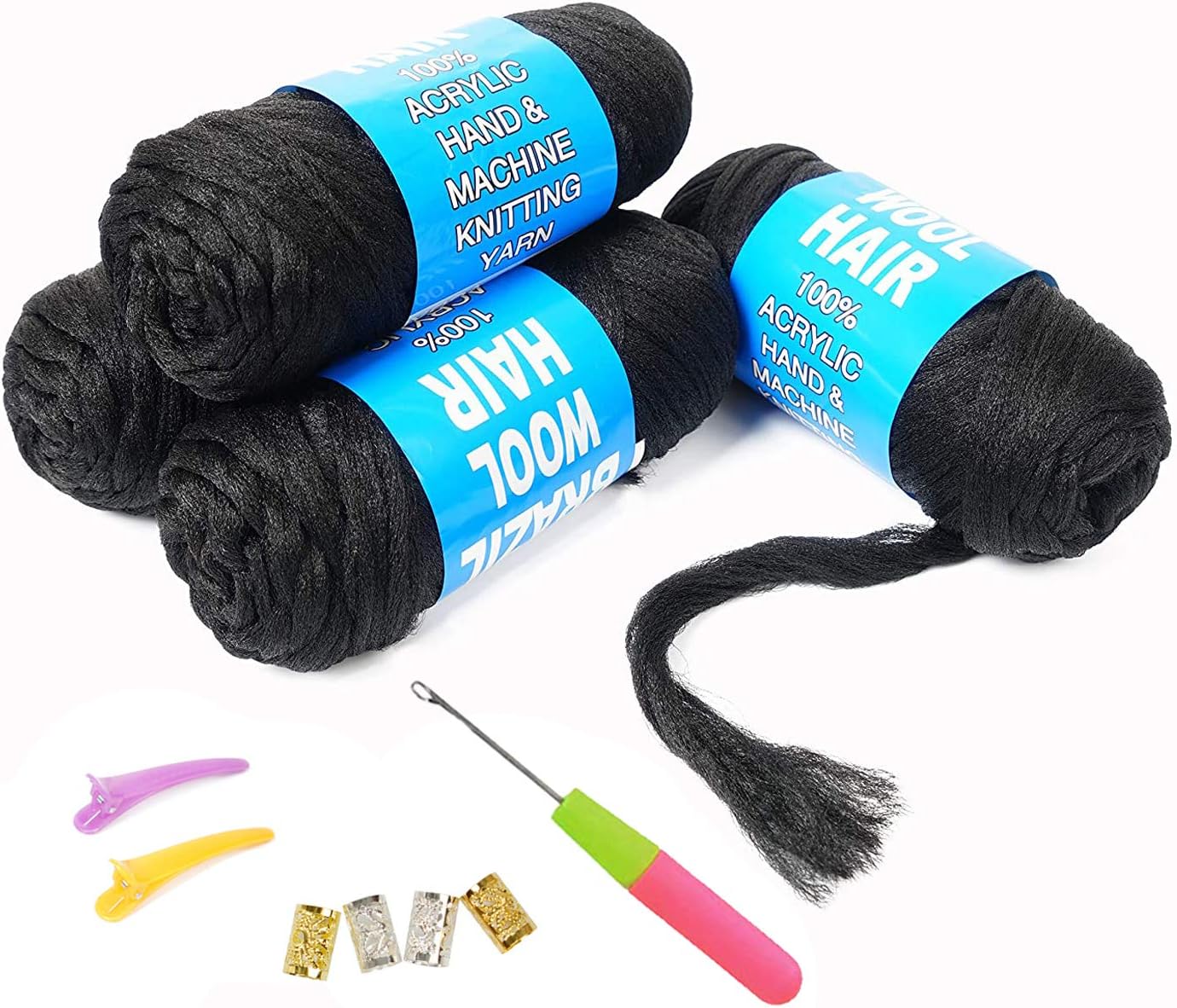 100% Brazilian Wool Hair Acrylic Yarn for African Braids/Senegalese Twist/Faux Locs/Wraps with Crochet Hook(4 Roll, Natural Black)