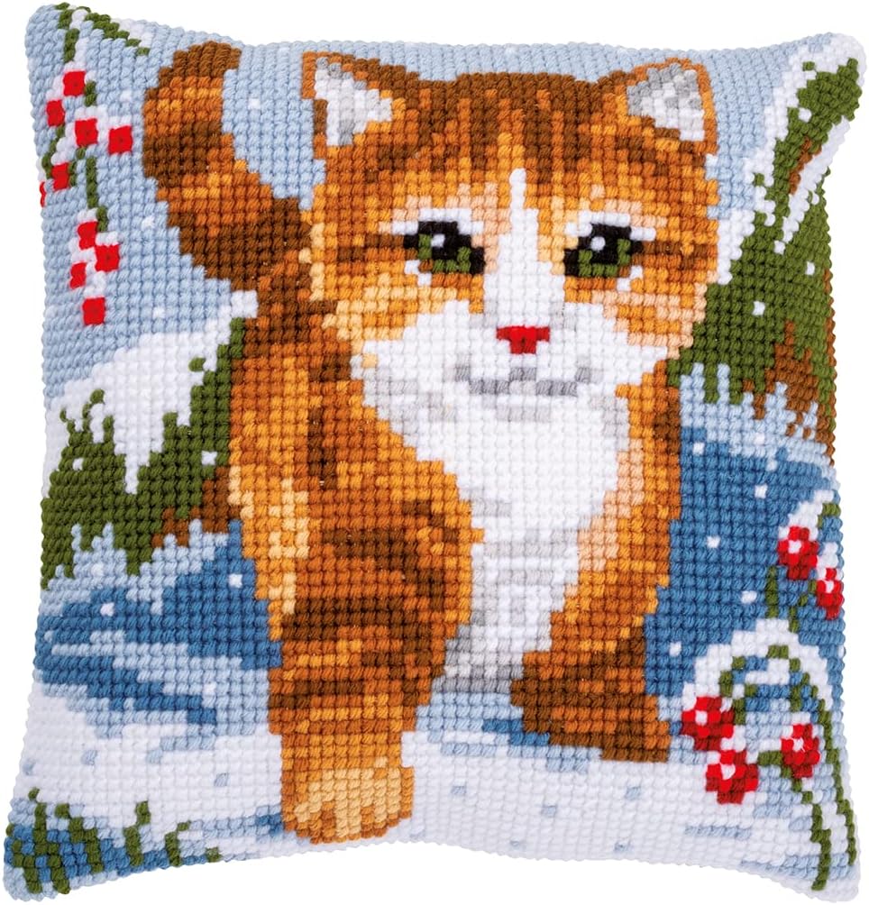 Vervaco Cross Stitch Embroidery Kits Pillow Front for Self-Embroidery with Embroidery Pattern on 100% Cotton and Embroidery Thread, 15,75 x 15,75 Inches - 40 x 40 cm, Cat Snow