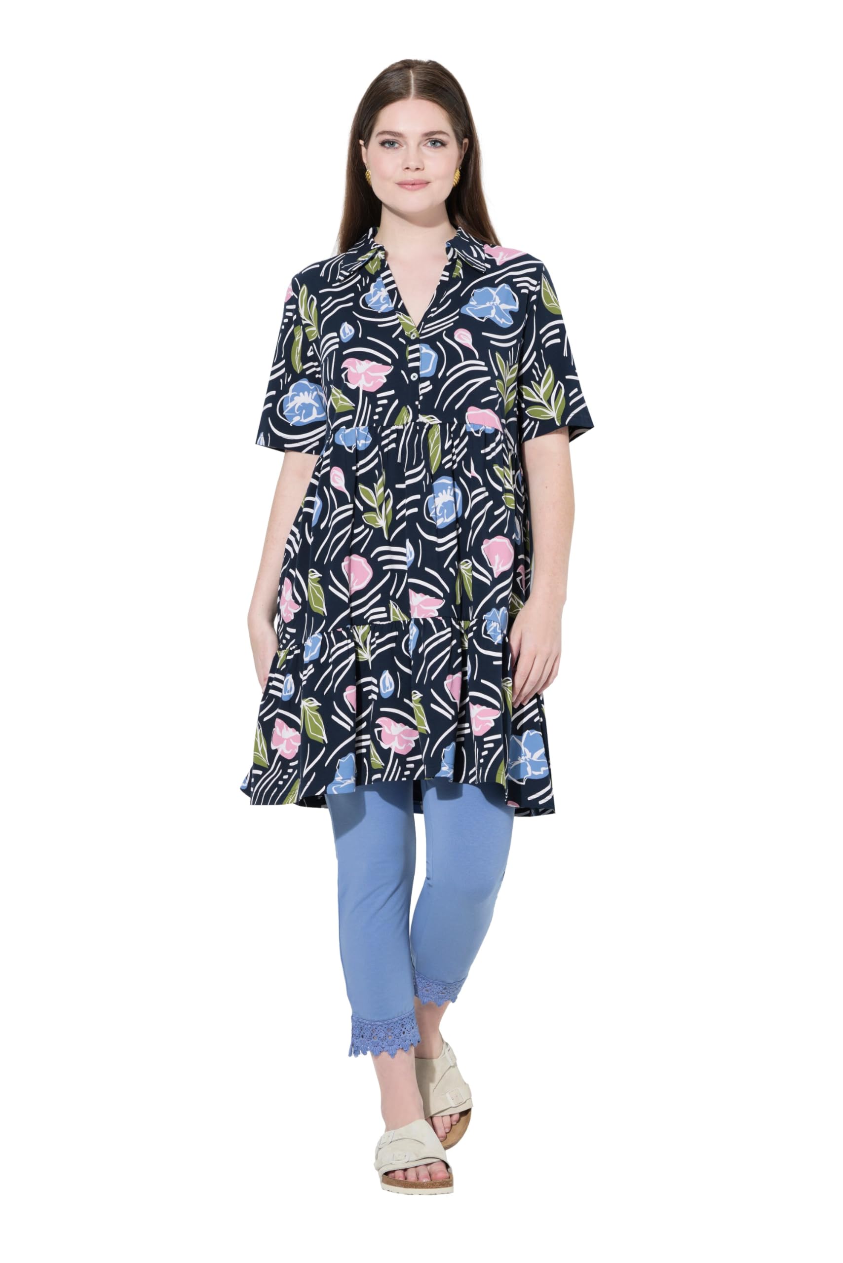 Ulla Popken Damen große Größen Übergrößen Plus Size Longshirt, Blüten, A-Linie, Polokragen, Halbarm 840748