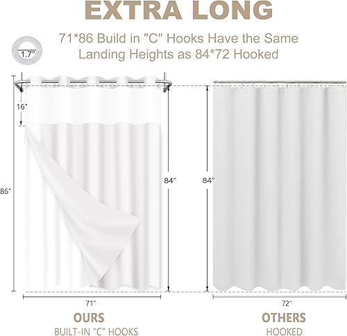 Miniatura 6 de Cortina de ducha sin gancho con forro a presión, cortinas de ducha gruesas resistentes con ventana superior de malla, cortina bohemia de lujo para
