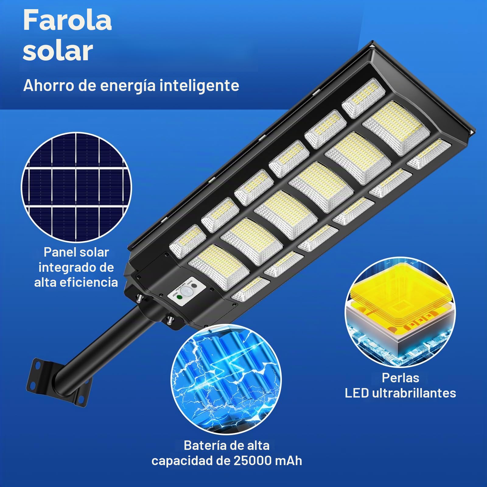 Viugreum 2000W LED Farolas Lámpara Solar Exterior con Mando a Distancia, 6500K Foco Solar Exterior con Detector, 66cm Panel Solar IP65 Impermeable LED Farola Solar para Jardín, Patio y Calle