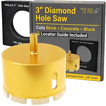 Drilax 3 Inch Diamond Masonry Hole Saw with Locator Guide with 2" Depth Dry Core Bit for Concrete, Brick & Block 3/8" Shank for Standard Drills Create Clean Holes for Pipes, Vents & HVAC