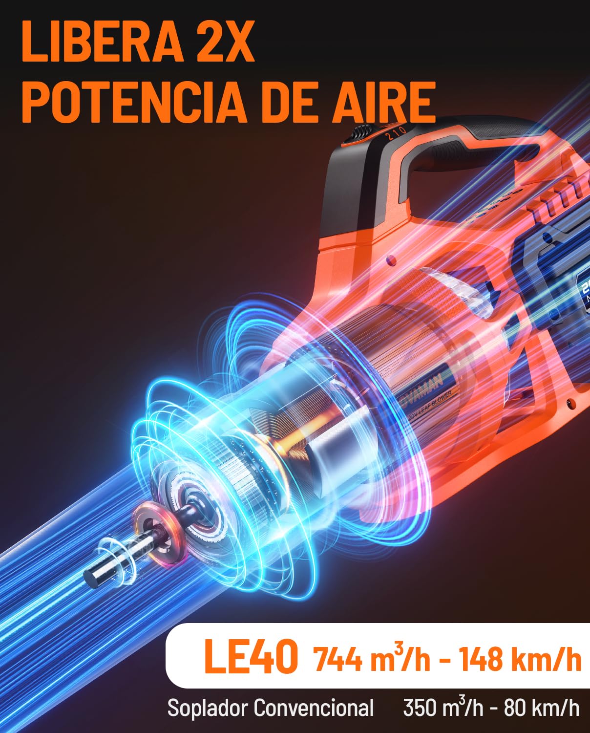 DOVAMAN Soplador de Hojas Inalámbrico 20V, Flujo de Aire Potente 744 m³/h, Batería 4.0Ah con Cargador Rápido, 2 Velocidades, Ligero y Portátil, Soplador para Jardín, Césped, Terraza y Garaje