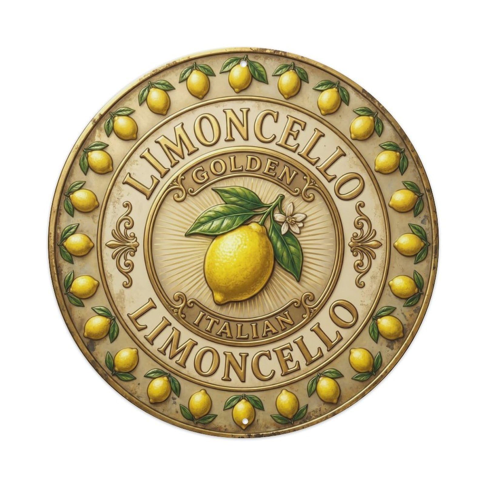 Golden Italian Limoncello Sign Metal Tin Sign Plaque Wall Decor for Cafe, Club Bar, Office, Home Garden Round Metal Poster 8x8Inch