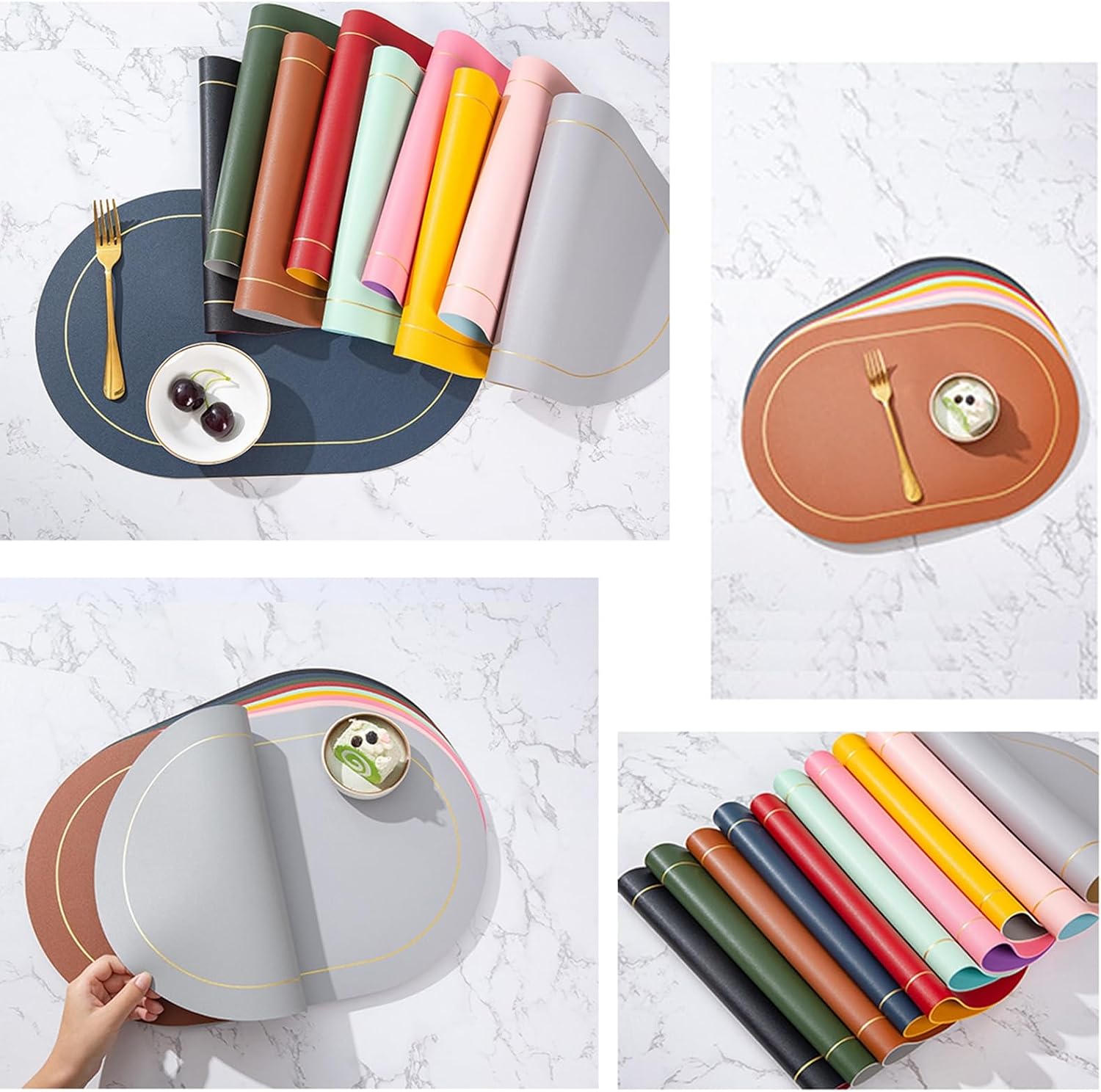 Oval Table Mats Set of 6, Leather Place Mats Heat Resistant Non-Slip Washable Reversible Bicolor Blue Yellow Placemats for Home Party Wedding Restaurant, 18x11.8 Inches