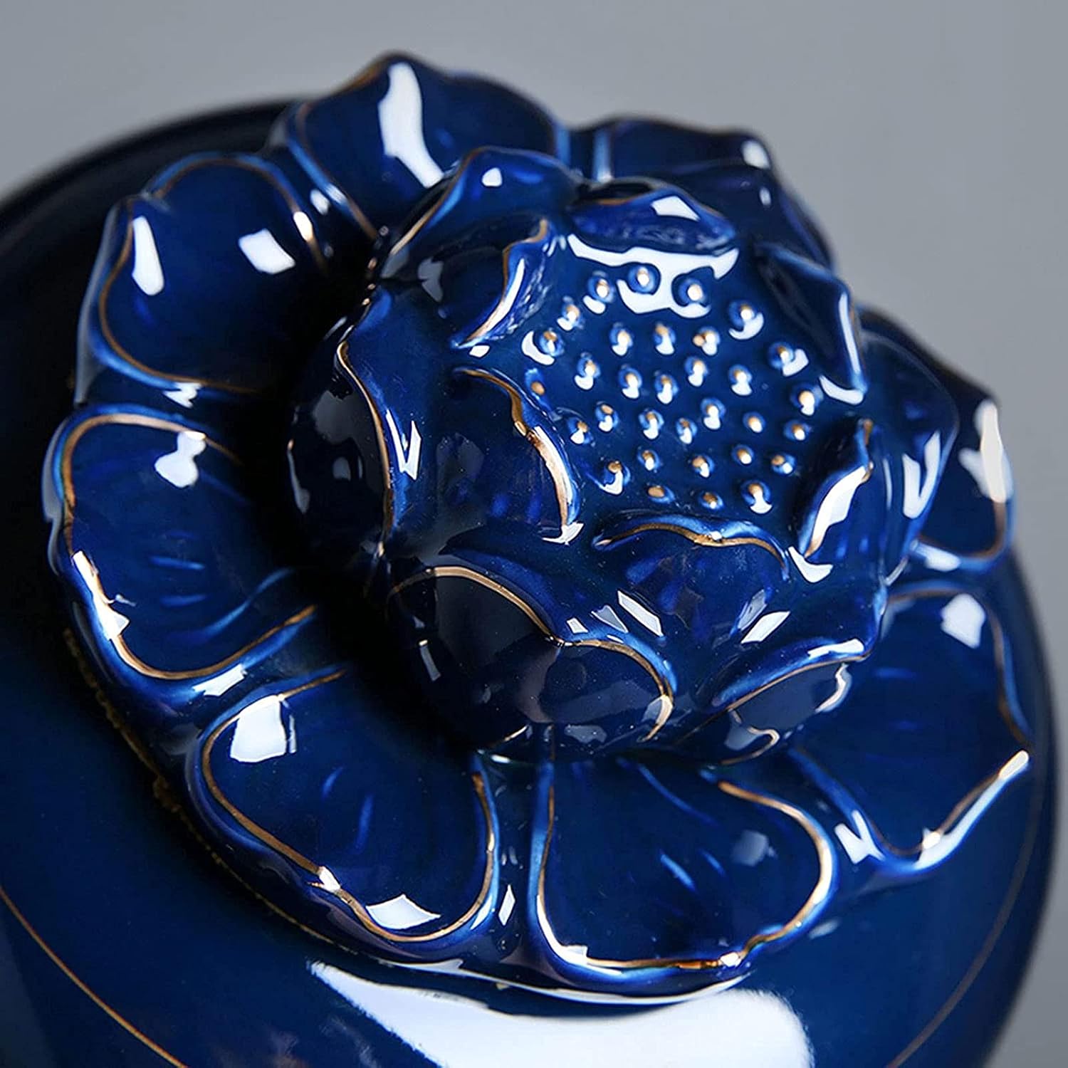 Funeral Urn Memorial Cremation Simple Dog Cat Pet Ashes, Hand Made Lotus, Ceramics Keepsake Funeral Supplies Ash Urns(Size:S,Color:Blue)