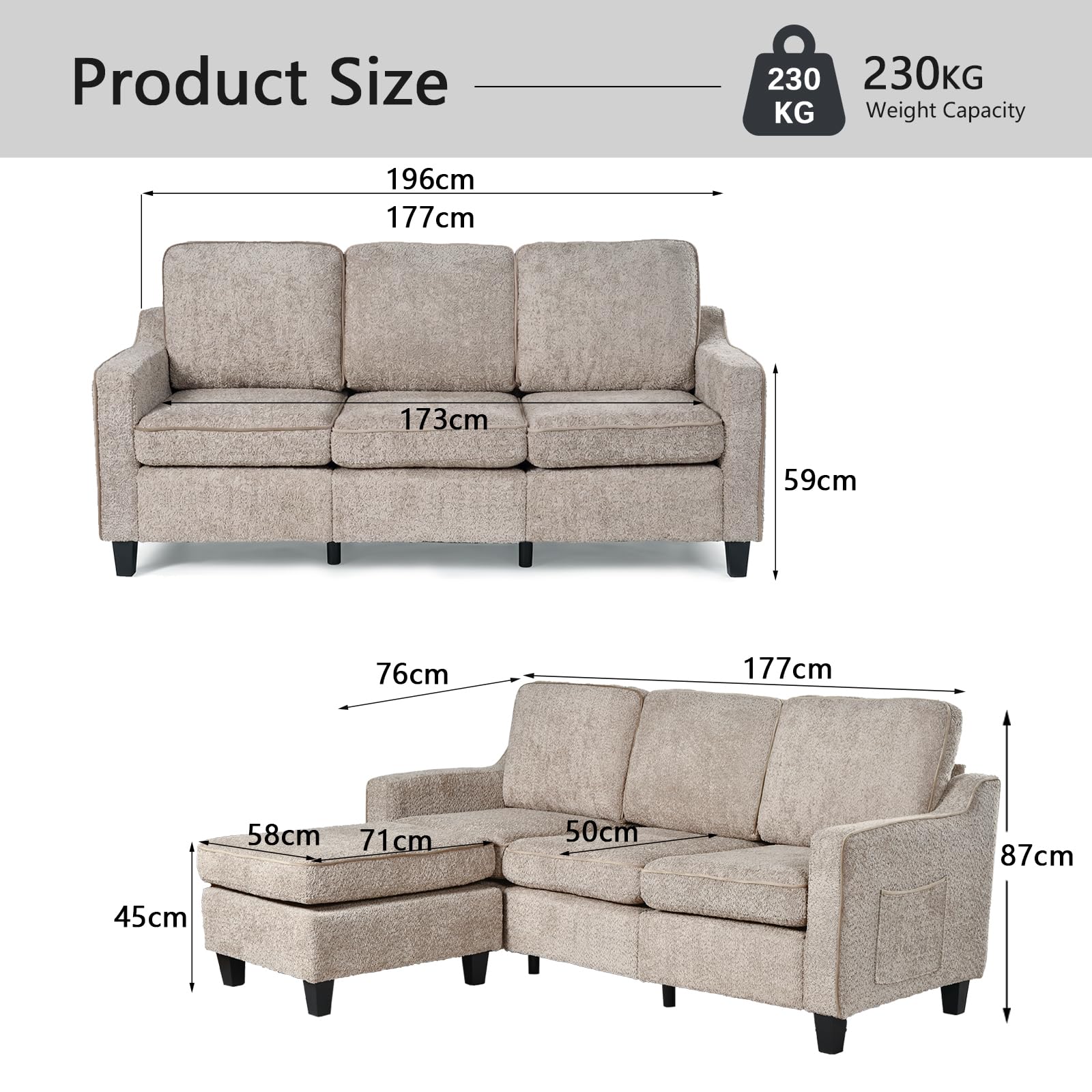 JIEXI Sofa 3 + 1-osobowa z otomaną, możliwość dowolnego łączenia z pluszowego polaru, oddychająca, wysoka obciążalność 230 kg, w zestawie kieszeń boczna, sofa do salonu, sypialni, biura – beżowa