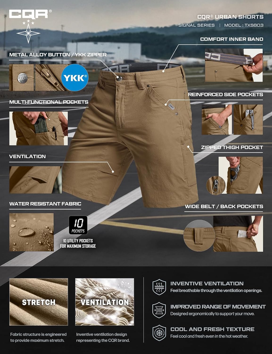 CQR Men's Stretch Utility Shorts, Lightweight Quick Dry Casual Shorts, Hiking Golf Cargo Shorts with Zipper Pockets - Image 7