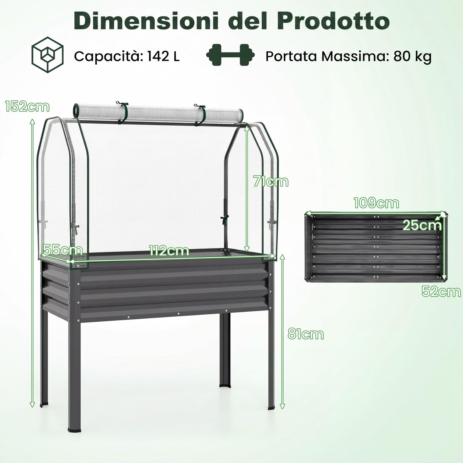 COSTWAY Orto Rialzato da Esterno con Serra, Fioriera Rialzata con Copertura in PE, Porta Avvolgibile con Cerniera e Guanti, Aiuola Rialzata per Verdure, Fiori e Frutta, 112 x 55 x 152 cm (Grigio)