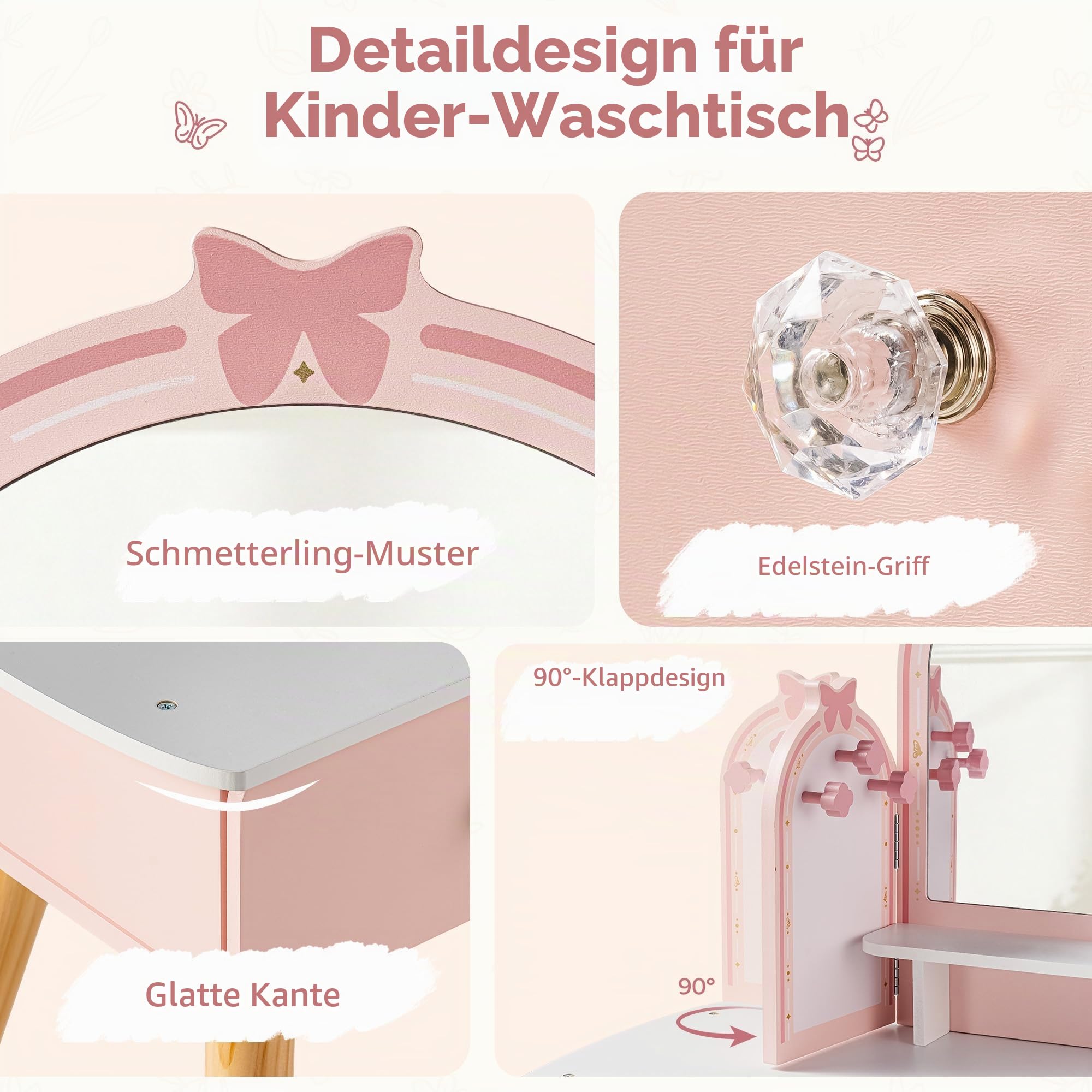 ROBUD Kinder Schminktisch mit Hocker: Mädchen kinderschminktisch mit Spiegel, Rollenspiel Schminktisch für Kinder, Frisiertisch mit Schublade und Zubehör für Kinderschminke, ab 3 Jahren (Rosa)