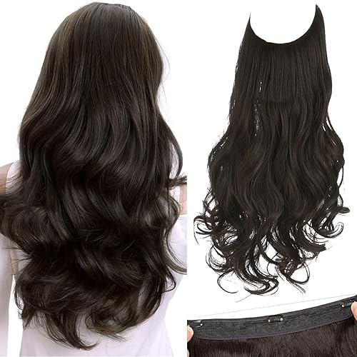 SARLA Extensiones de cabello en aureola, color negro y café, largo, ondulado, rizado, cabello sintético para mujeres, con diadema de tamaño