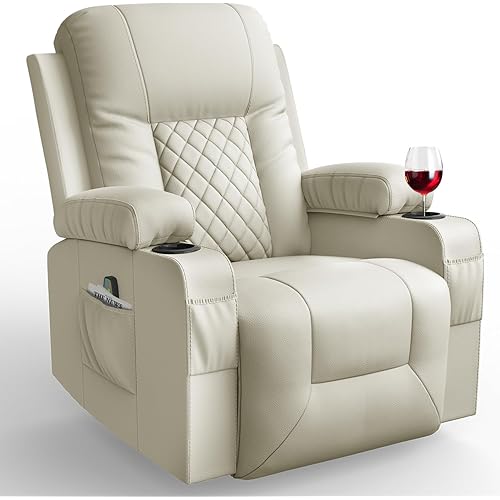 Recliner Chairs for Adults, Massage Rocker with Heated Modern Ergonomic Lounge 360 Degree Swivel Single Sofa Seat Living Room Lounge Recliners Ivory White