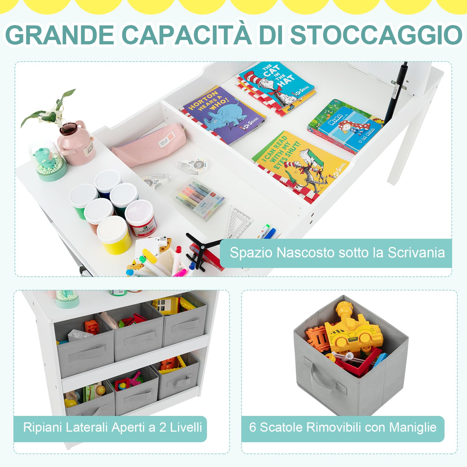 RELAX4LIFE Tavolo D'arte per Bambini con 2 Sedie, Legno, Piano Sollevabile, 6 Cassetti, 4 Tazze Pittura