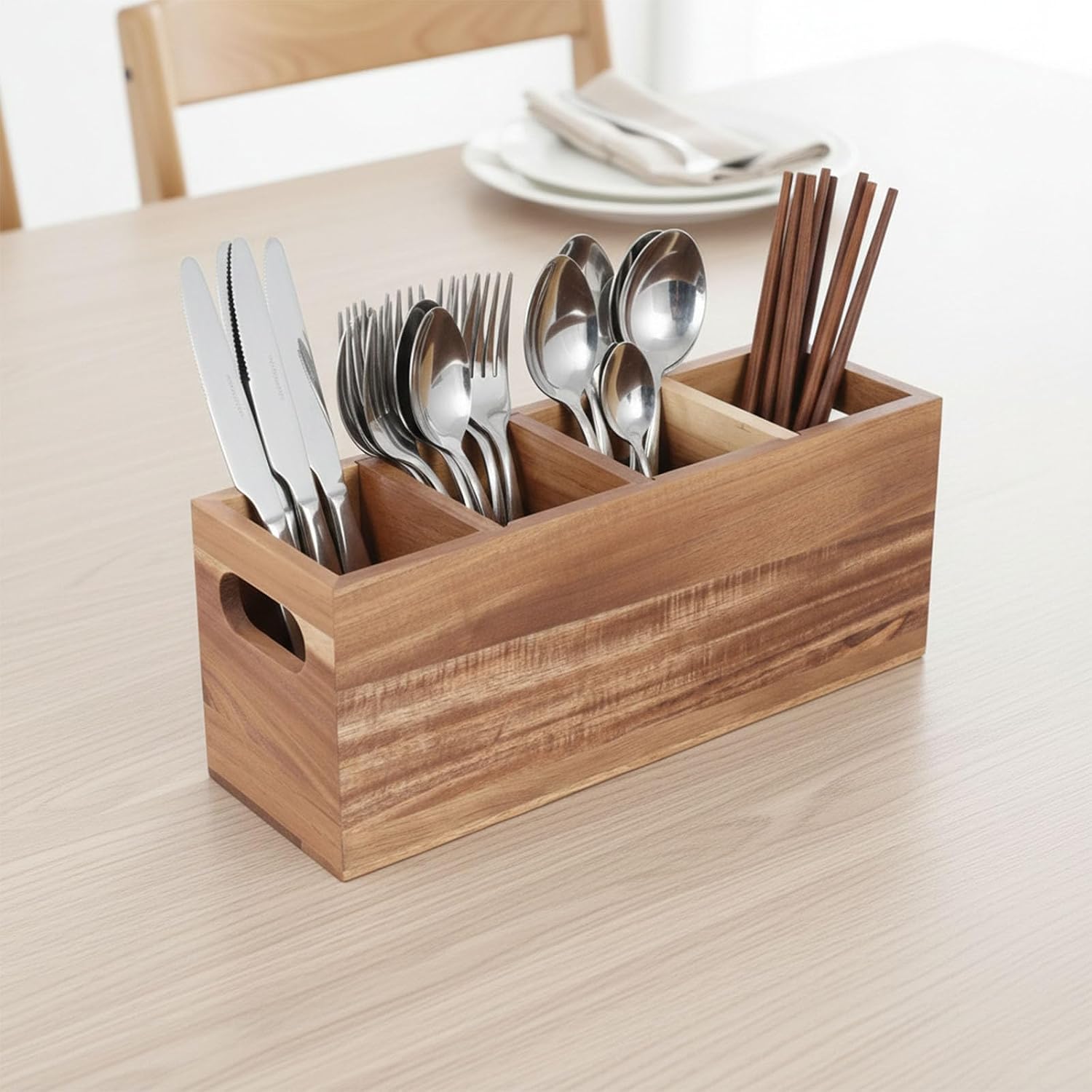 Silverware Holder,Acacia Wood Utensil Holder for Countertop,4 Compartment Silverware Caddy Organizer,Large Silverware Holder for Party Spoon and Fork Organizer