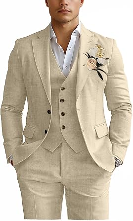 Linen Mens Suits 3 Piece Slim Fit Tuxedo Suit for Men Beach Wedding Formal Business Suit Groom Prom Set Outfits