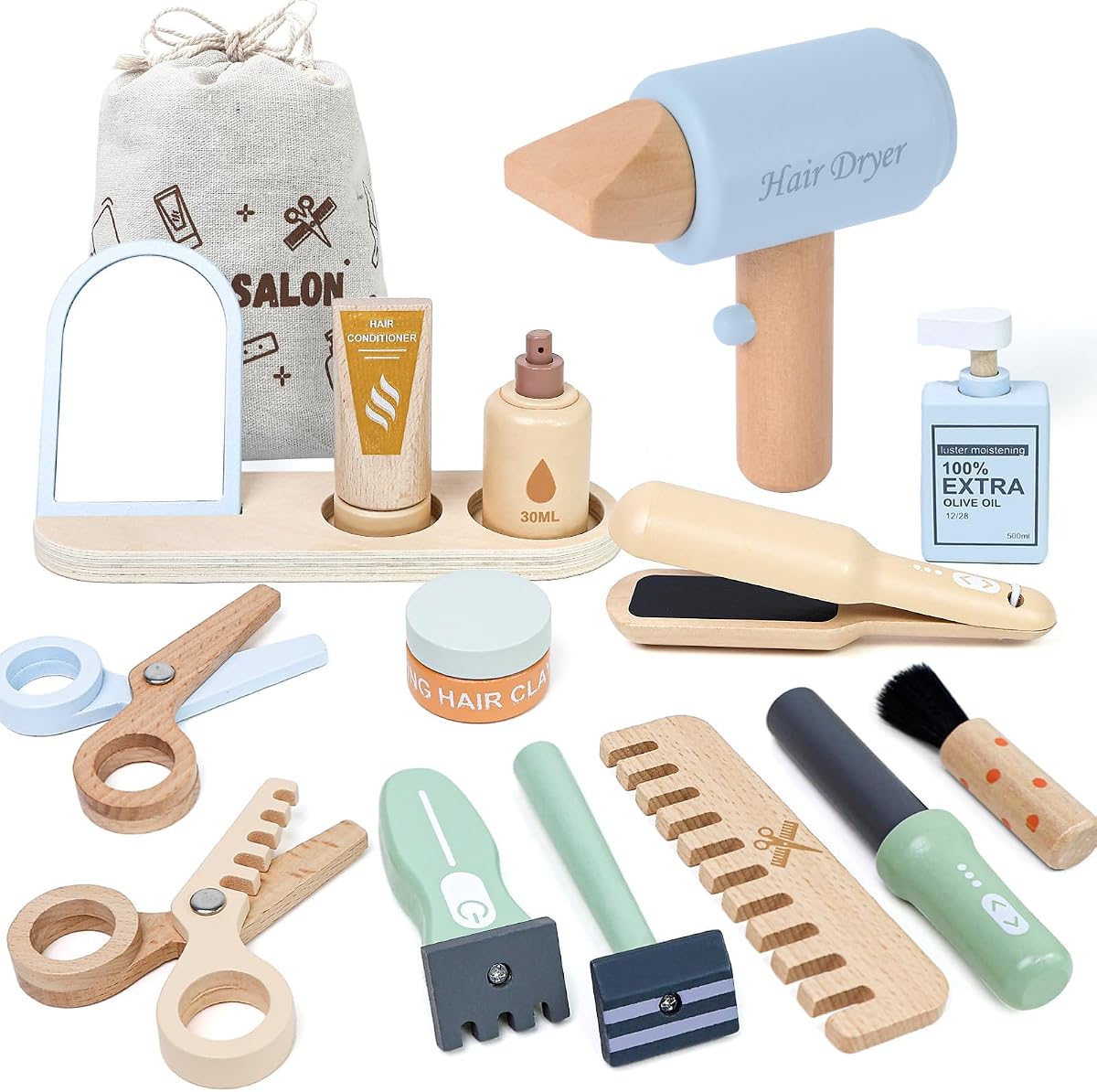FIIOEOY Wooden Barber Shop Pretend Play Set, Kids Hair Salon Toys Shaving Kit with Blow Dryer, Comb, Shaver, Haircut Role Play Barber Accessories Gift for 3 4 5 Year Olds Boys Girls
