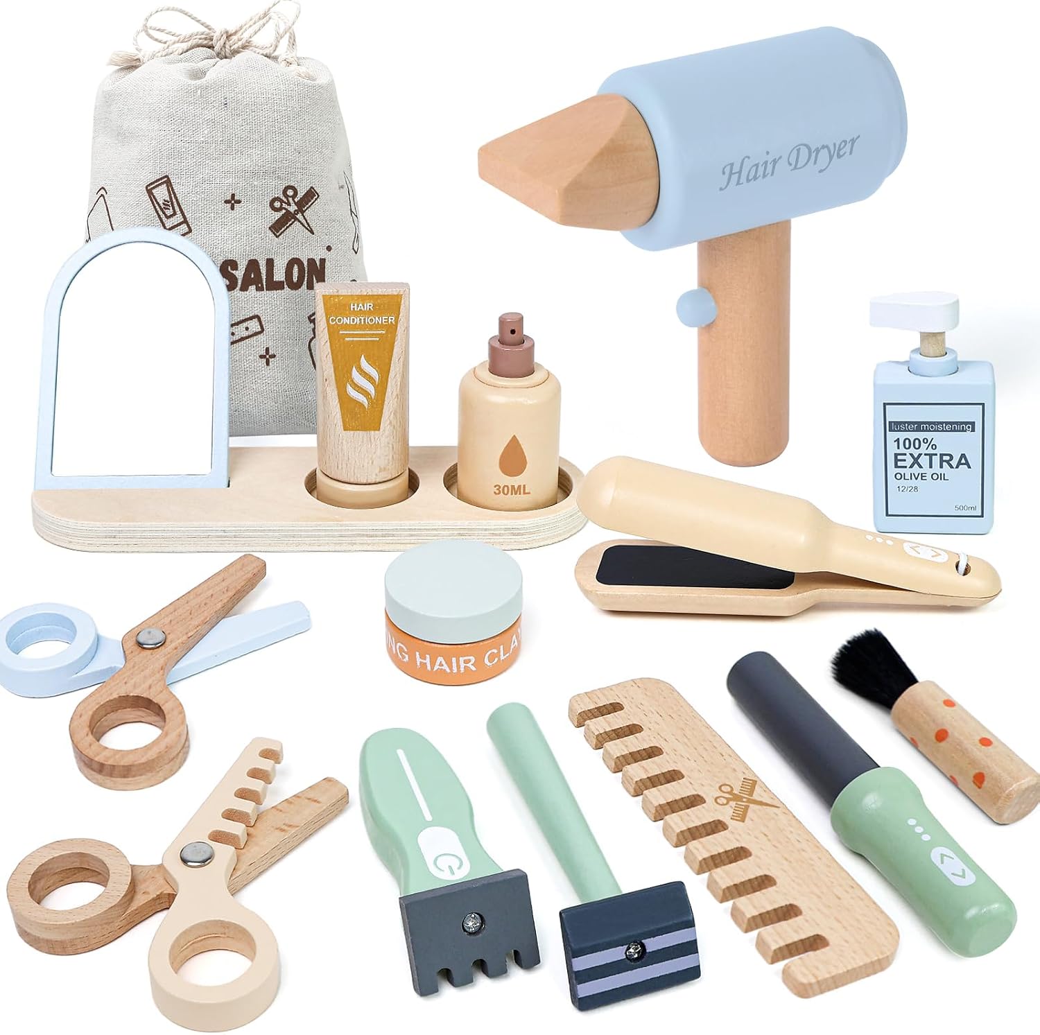 FIIOEOY Wooden Barber Shop Pretend Play Set, Kids Hair Salon Toys Shaving Kit with Blow Dryer, Comb, Shaver, Haircut Role Play Barber Accessories Gift for 3 4 5 Year Olds Boys Girls