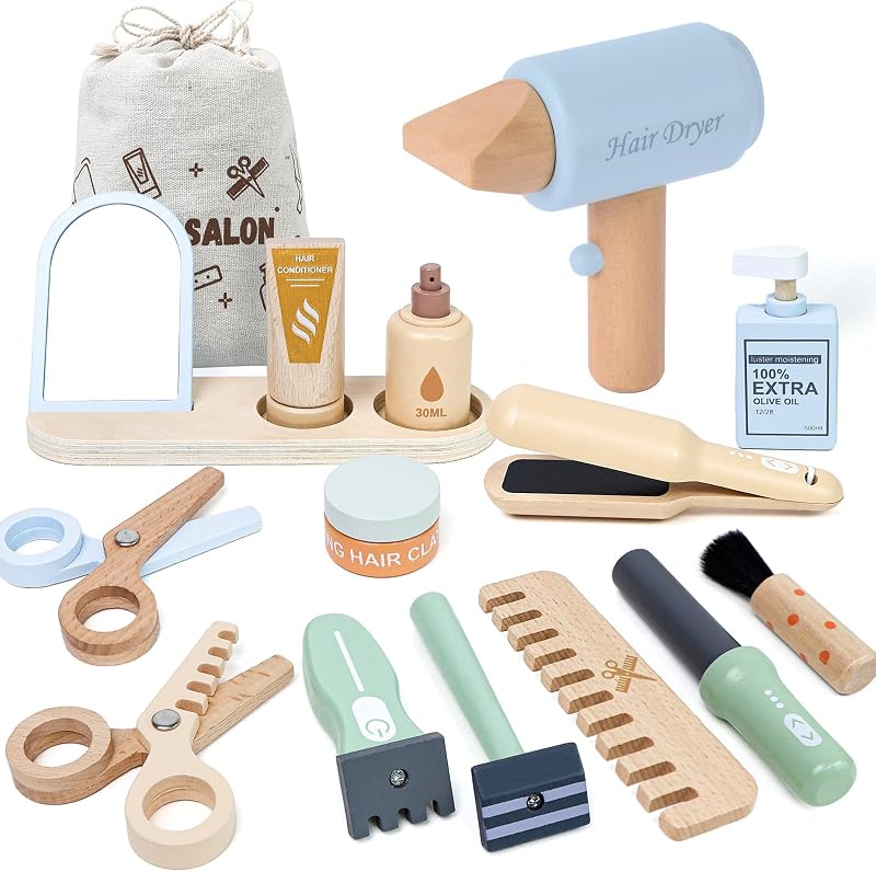 FIIOEOY Wooden Barber Shop Pretend Play Set, Kids Hair Salon Toys Shaving Kit with Blow Dryer, Comb, Shaver, Haircut Role Play Barber Accessories Gift for 3 4 5 Year Olds Boys Girls