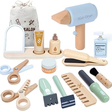FIIOEOY Wooden Barber Shop Pretend Play Set, Kids Hair Salon Toys Shaving Kit with Blow Dryer, Comb, Shaver, Haircut Role Play Barber Accessories Gift for 3 4 5 Year Olds Boys Girls