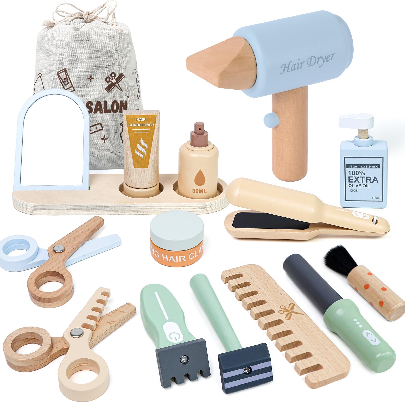 FIIOEOY Wooden Hairdresser Set for Kids Role Play Toys Kids Barber Shop Playset Hairdressing Set, Educational Montessori Hair Salon Pretend Play Kit Gift for 3 4 5 Year Olds Boys Girls