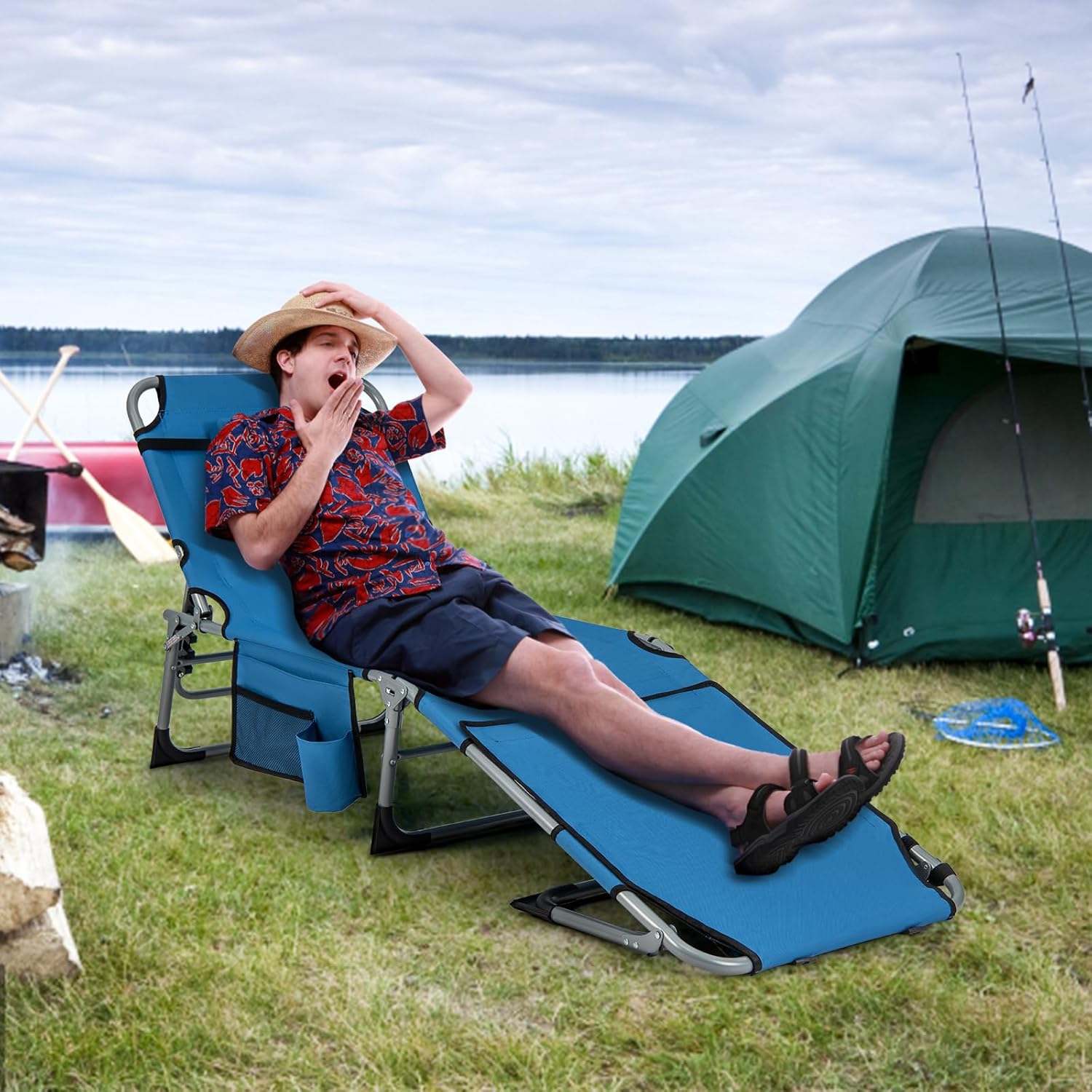 Images showing a person using the GIANTEX Tanning Chair face up and face down, highlighting the face and arm holes.