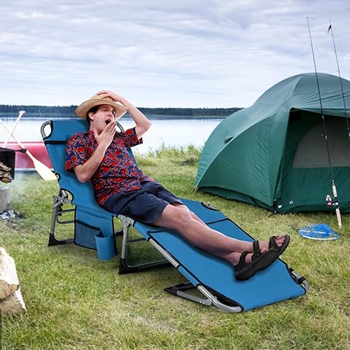 Miniatura 8 de Tangkula Sillón de playa, silla de bronceado plegable al aire libre con agujero para la carabrazo, 2 asas de transporte, almohada, respaldo