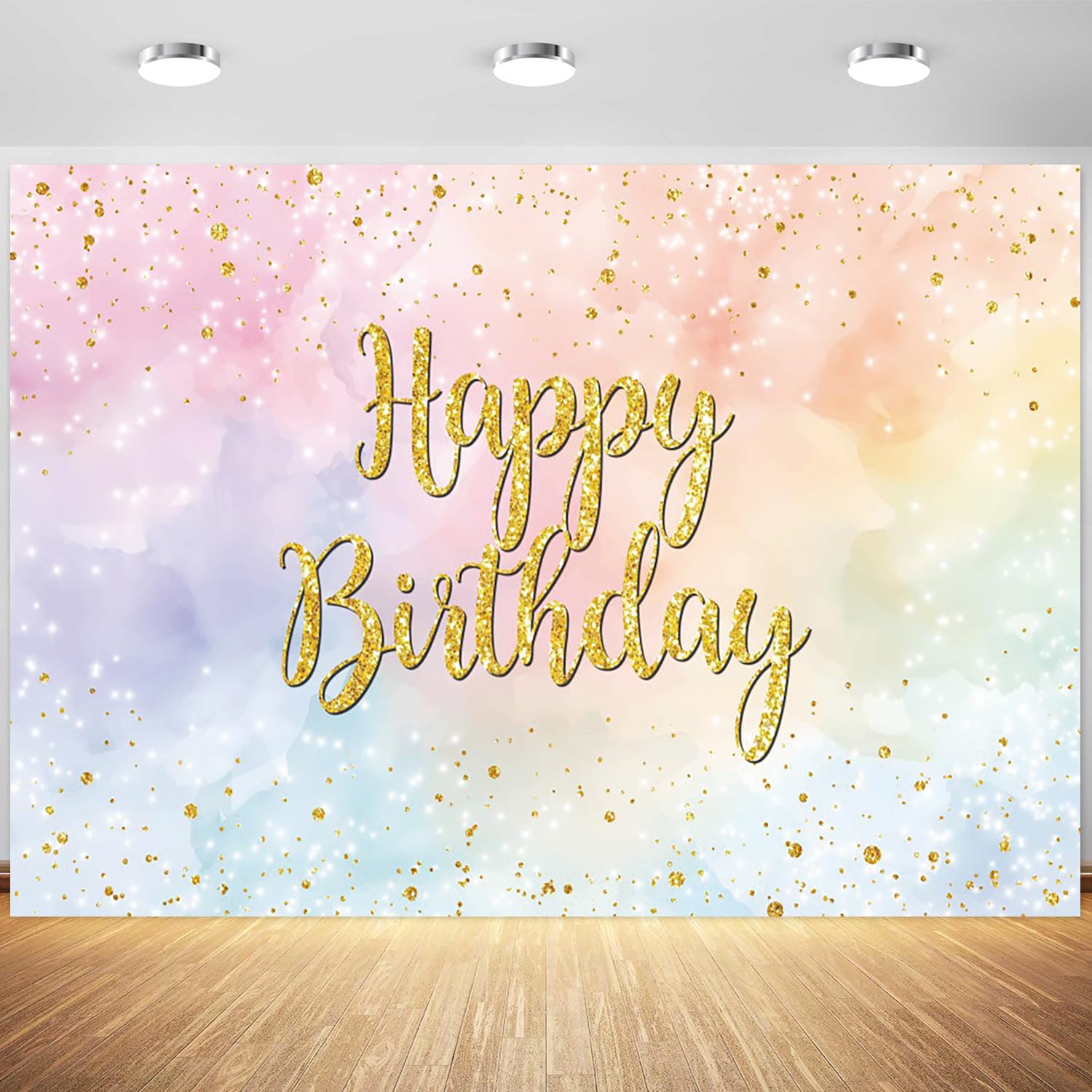 5x3ft Pastel Rainbow Happy Birthday Backdrop Watercolor Rainbow Cloud Gold Dots Photography Background for Girls Women Birthday Party Banner