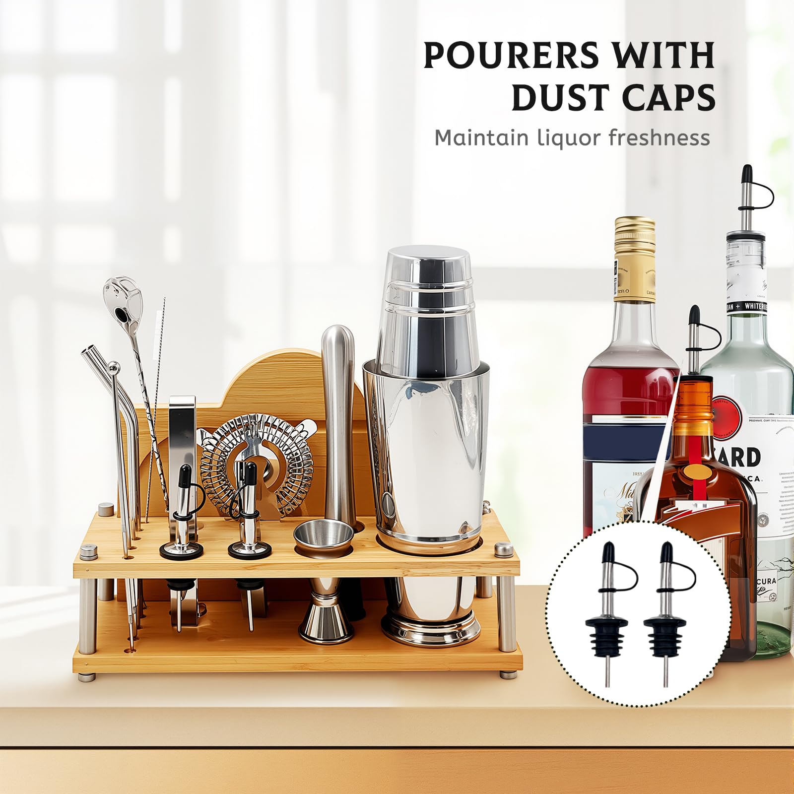 Daily Treasures Kit Professionale per Cocktail con Supporto Bambù - Shaker Boston 825ml, Accessori Bar Completi e Libro Ricette, Regalo per Appassionati di Mixology