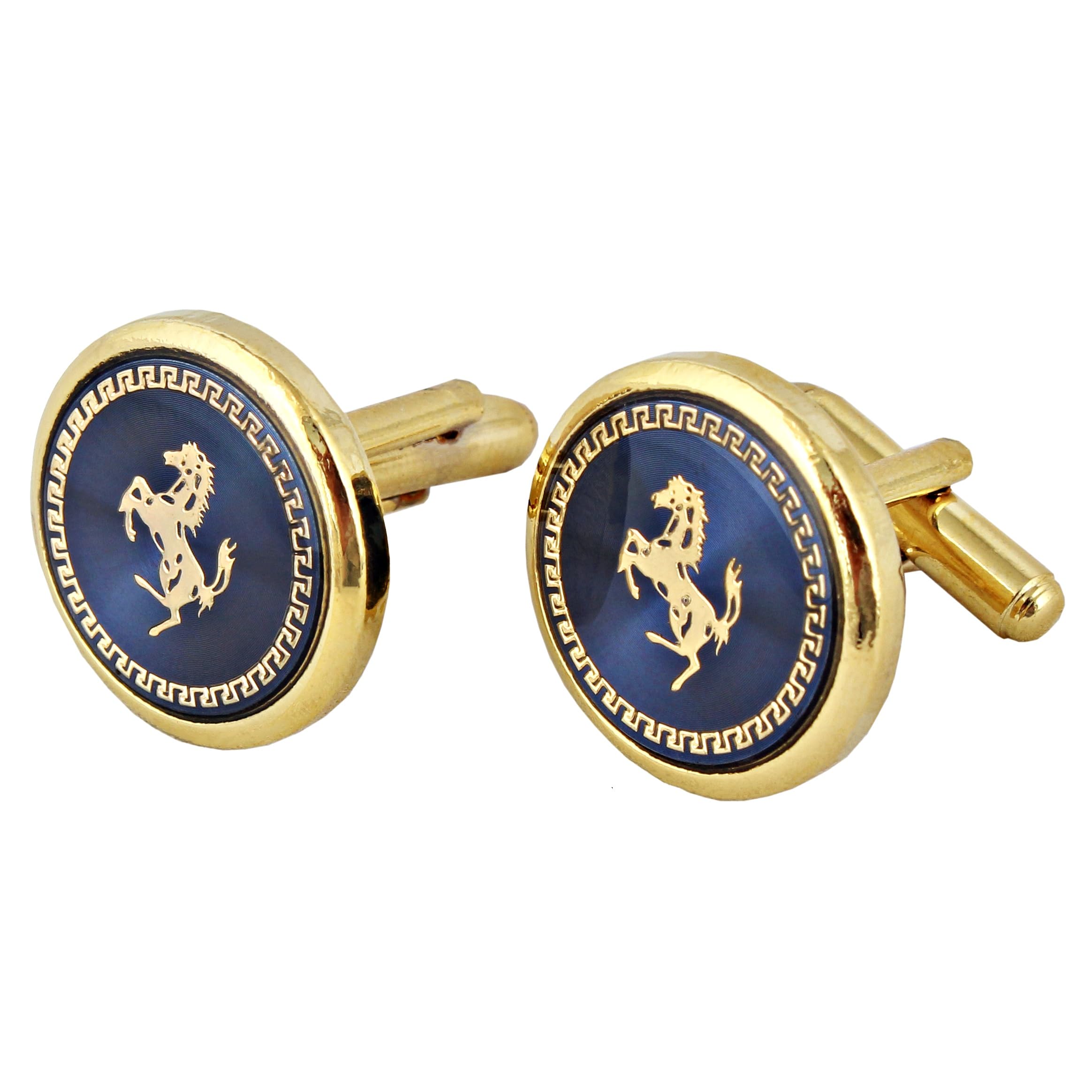 Unique Men Jewelry Blue Color Gold Plated Vintage Horse Design Round Sleeve Button Formal Cuff Button Wedding Shirt Button, Suit, Blazer Cufflinks Pair Gift Set For Men (230-CHC4-1096)
