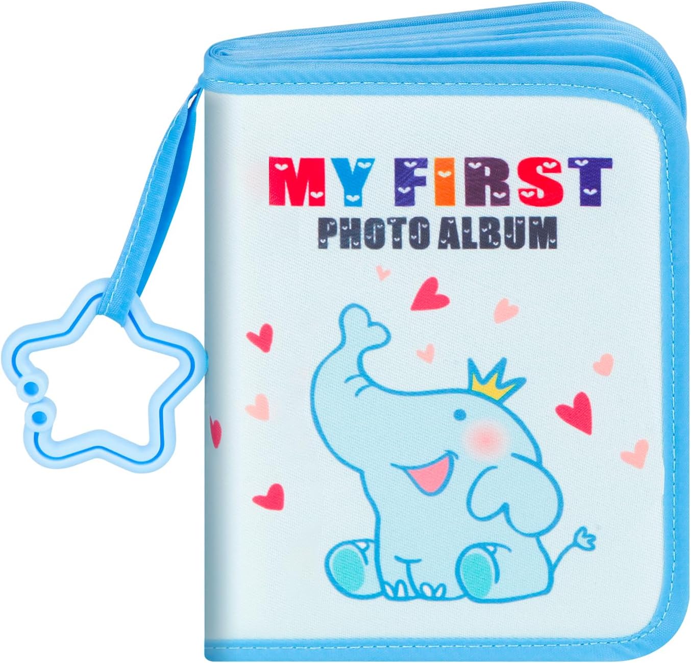 Baby's My First Photo Album Holds 21 4x6 Pictures, Baby Memory Album Gift Soft Cloth Heart Elephant Baby Photo Album with Name Card & Name Tag Stickers for Toddler Kids Baby Shower, Blue