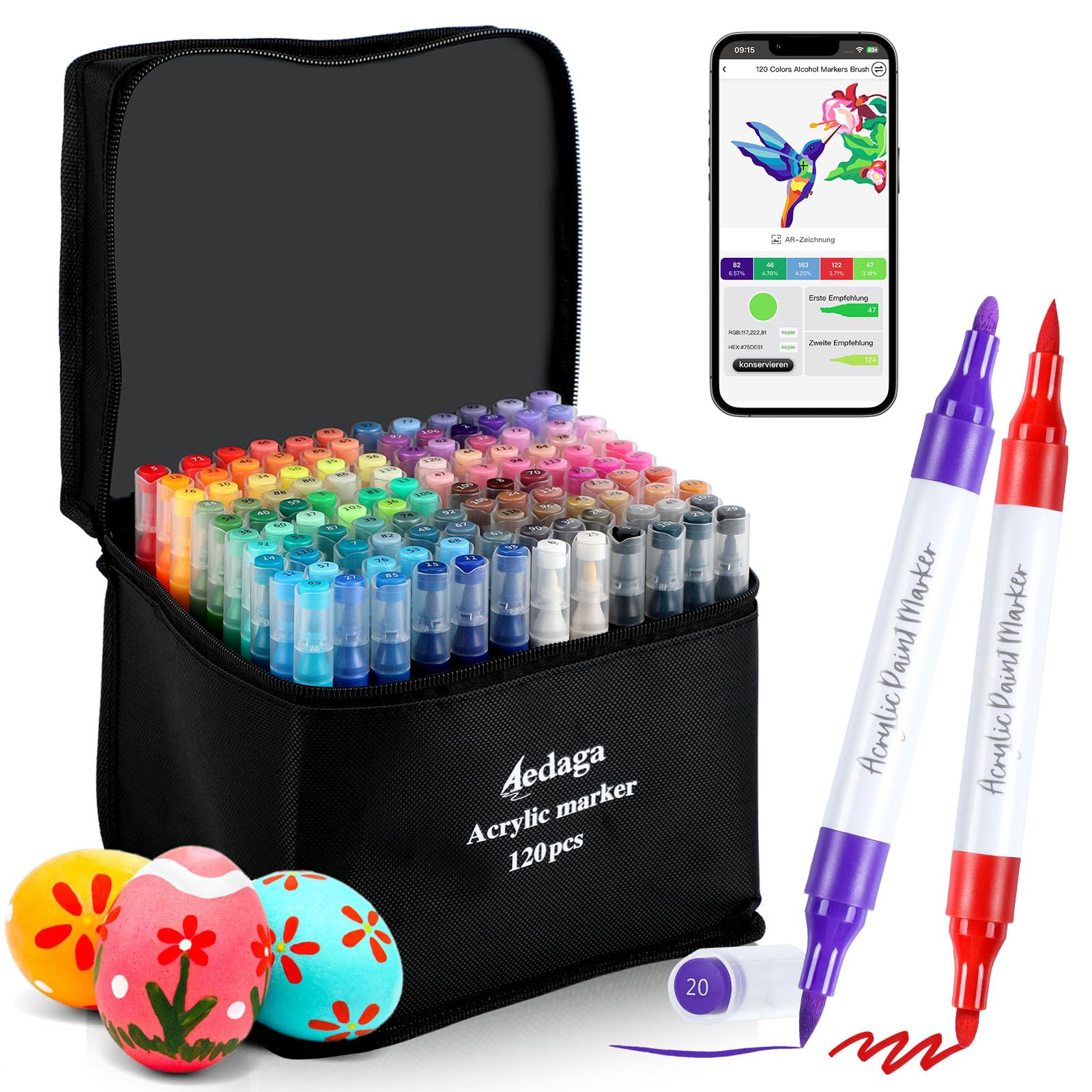 AEDAGA‌ 120 Farben Nummerierte Acrylstifte Set mit App Acrylic Marker | Doppelspitze | Vielseitig einsetzbar | Wasserfest | Starke Deckkraft | Acrylfarben Set Stifte für Eier, Holz, Stein, Leinwand